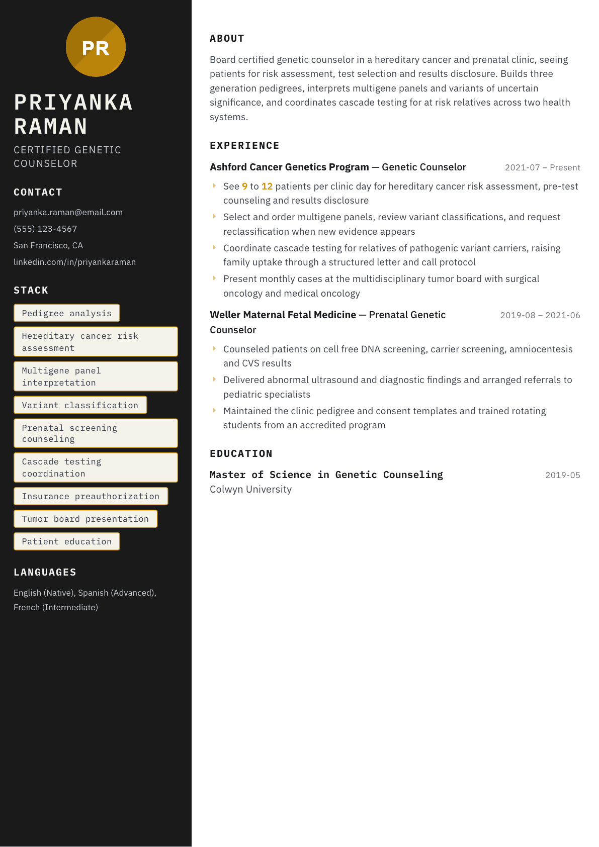 Genetic Counselor resume example, Neon template