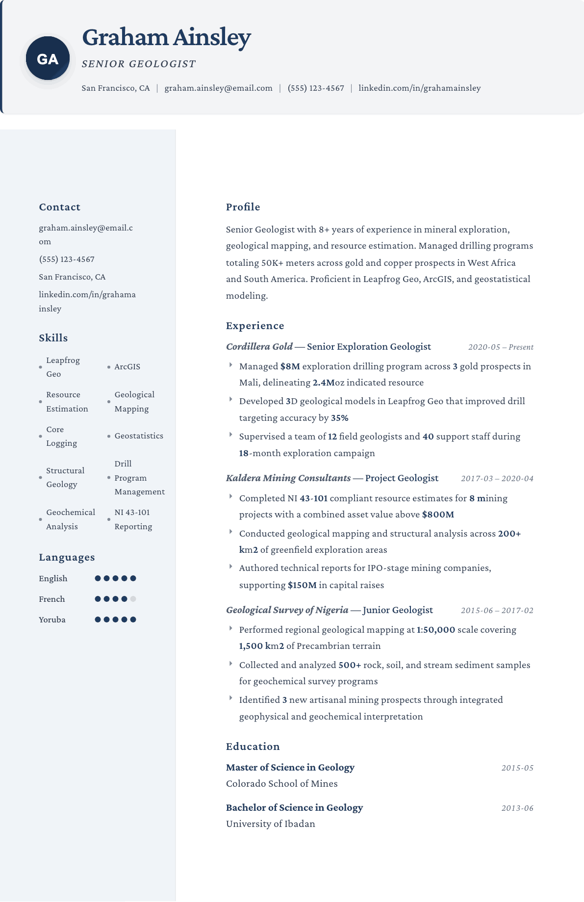 Geologist resume example, Formal template