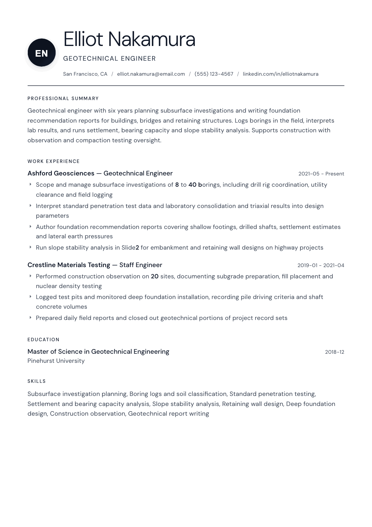 Geotechnical Engineer resume example, Stockholm template