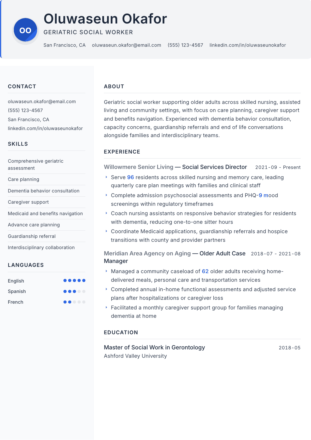 Geriatric Social Worker resume example, Paper template