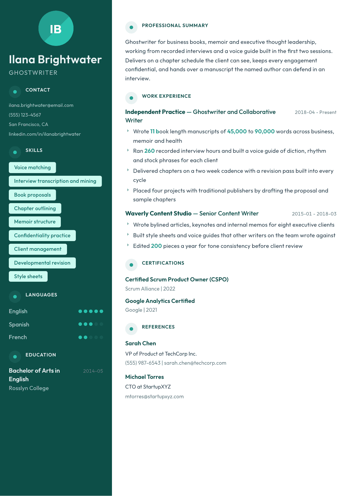 Ghostwriter resume example, Vienna template