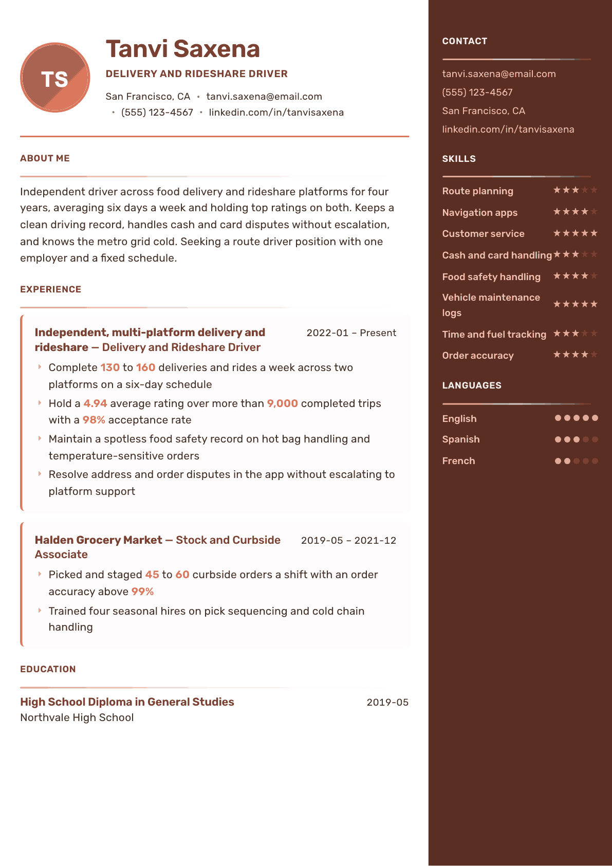 Gig Worker resume example, Mosaic template