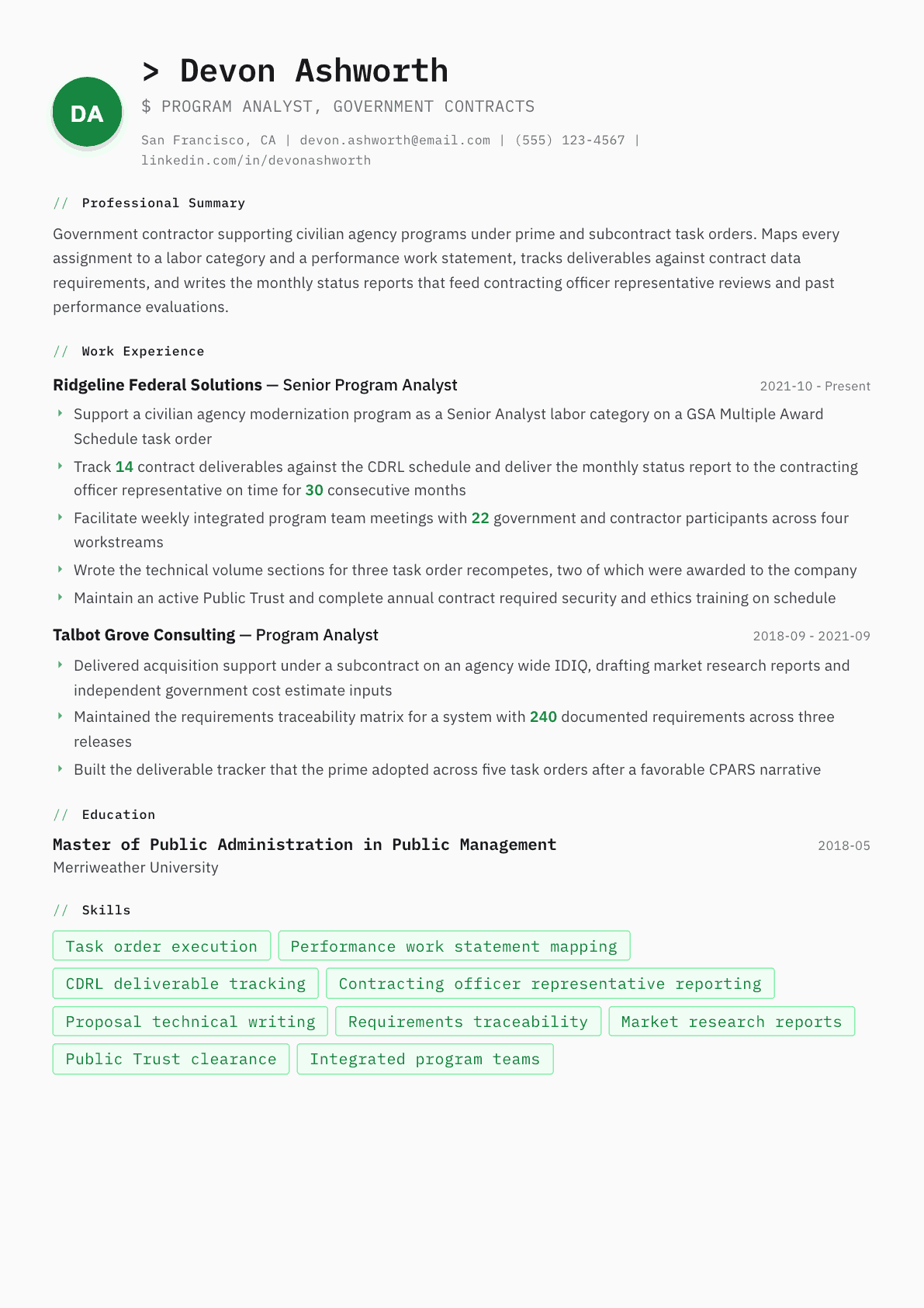 Government Contractor resume example, Amsterdam template