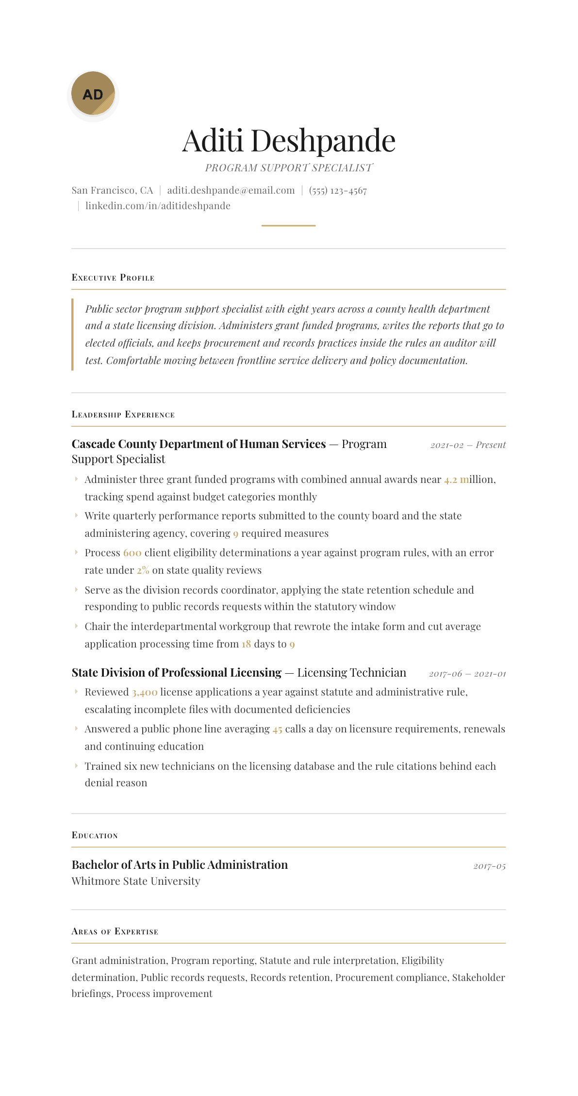 Government Employee resume example, Chancellor template