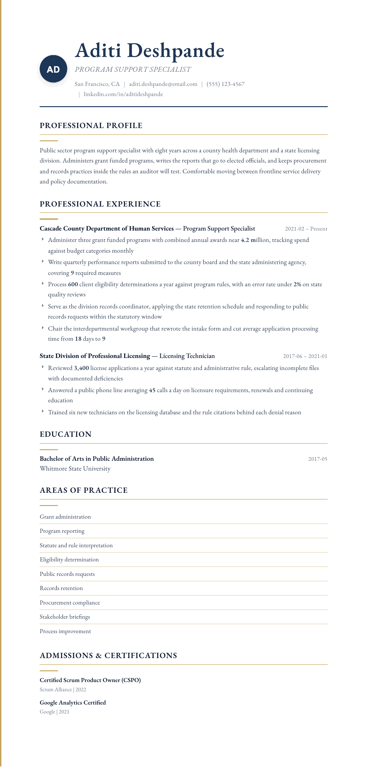 Government Employee resume example, Folio template