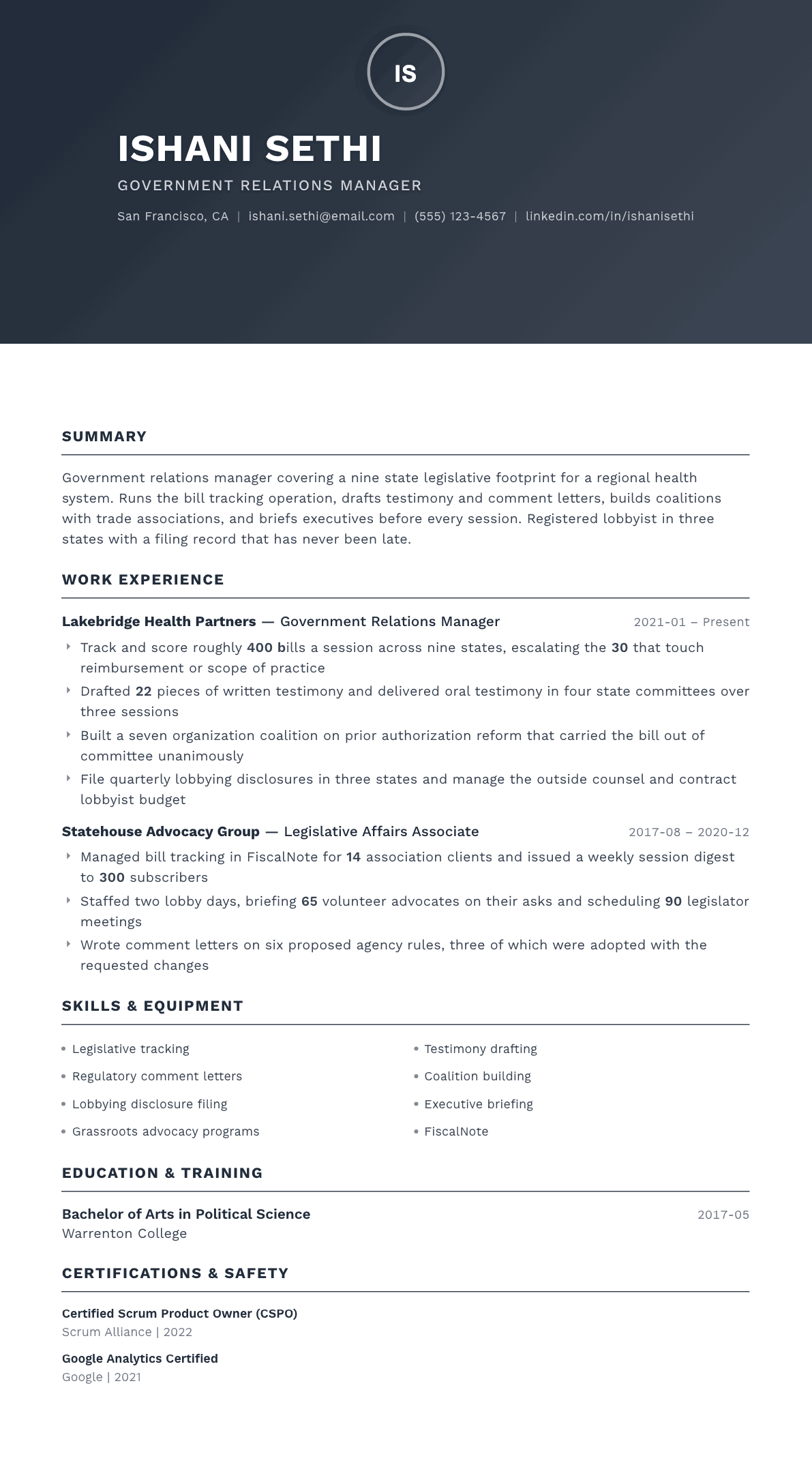 Government Relations Manager resume example, Foundation template