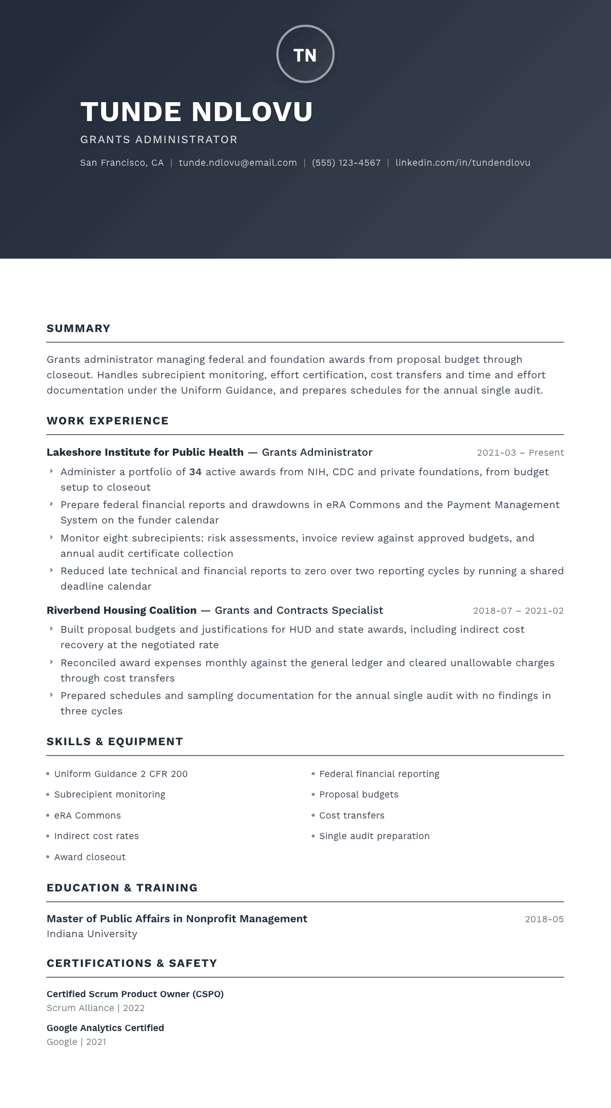 Grants Administrator resume example, Foundation template