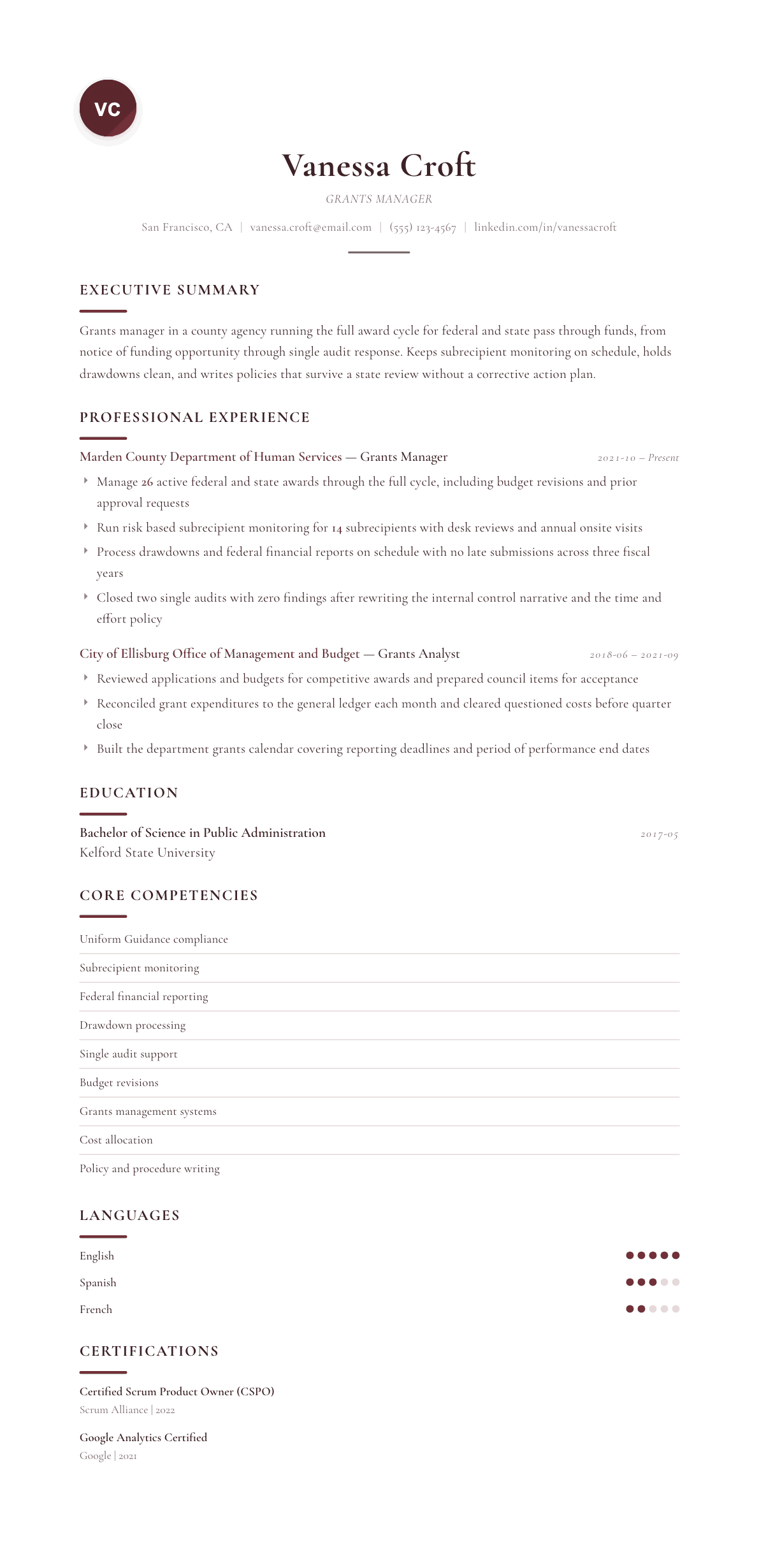 Grants Manager Government resume example, Diplomat template