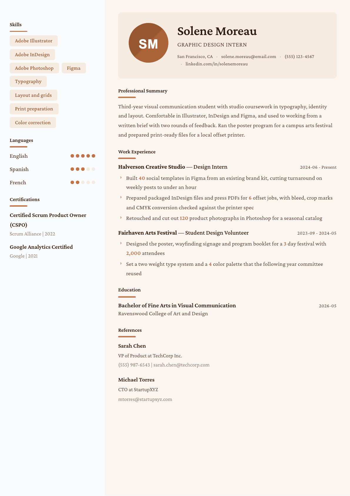 Graphic Design Intern resume example, Lisbon template