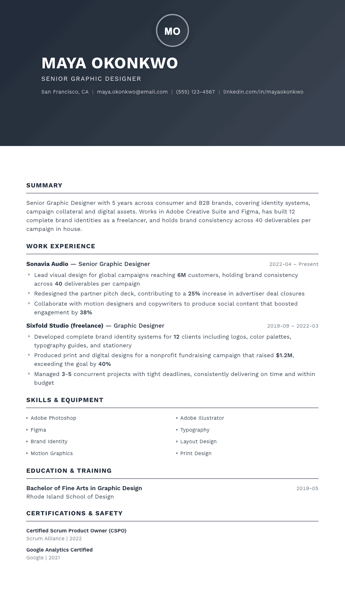 Graphic Designer resume example, Foundation template