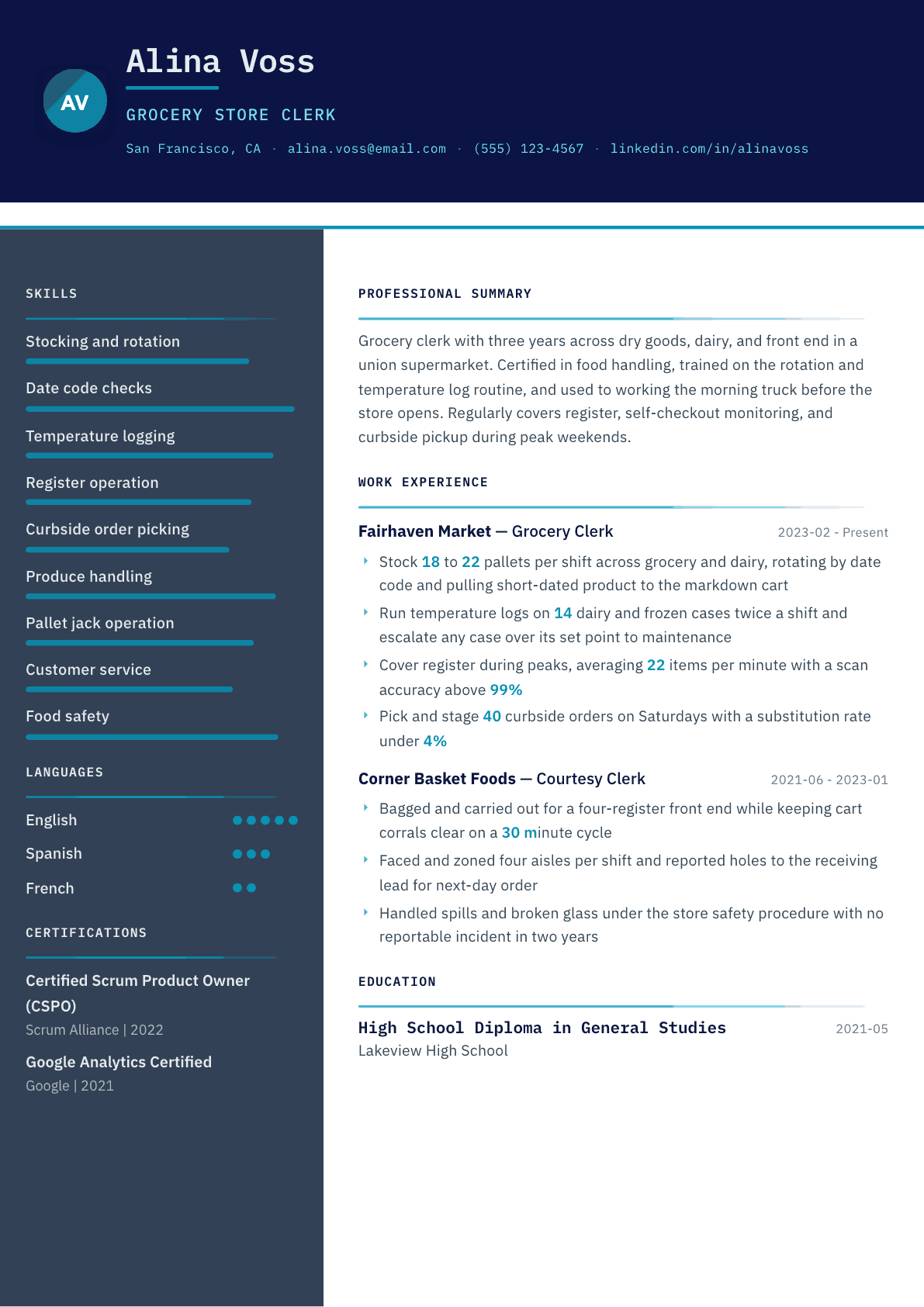 Grocery Store Clerk resume example, Atlas template