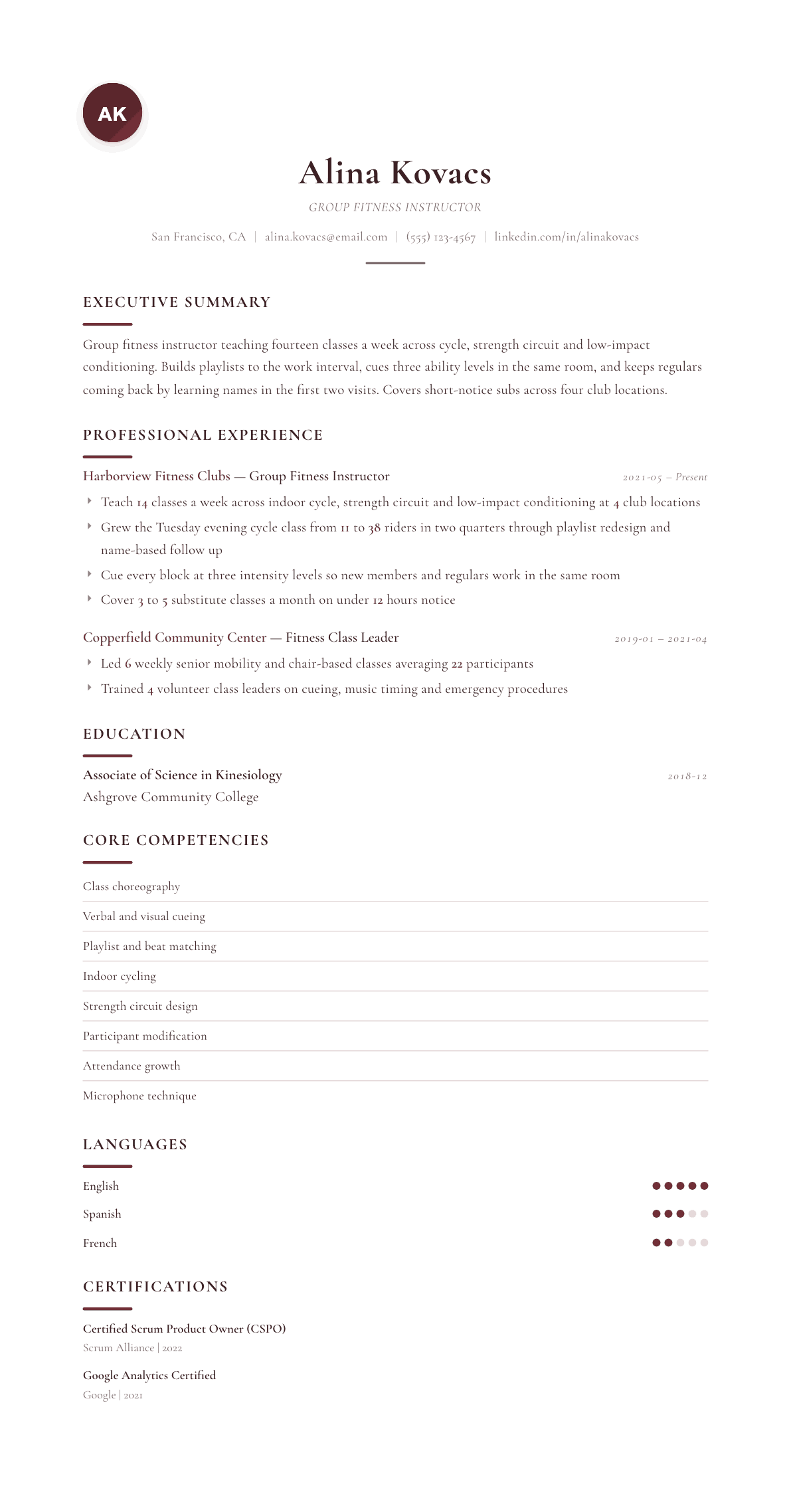 Group Fitness Instructor resume example, Diplomat template