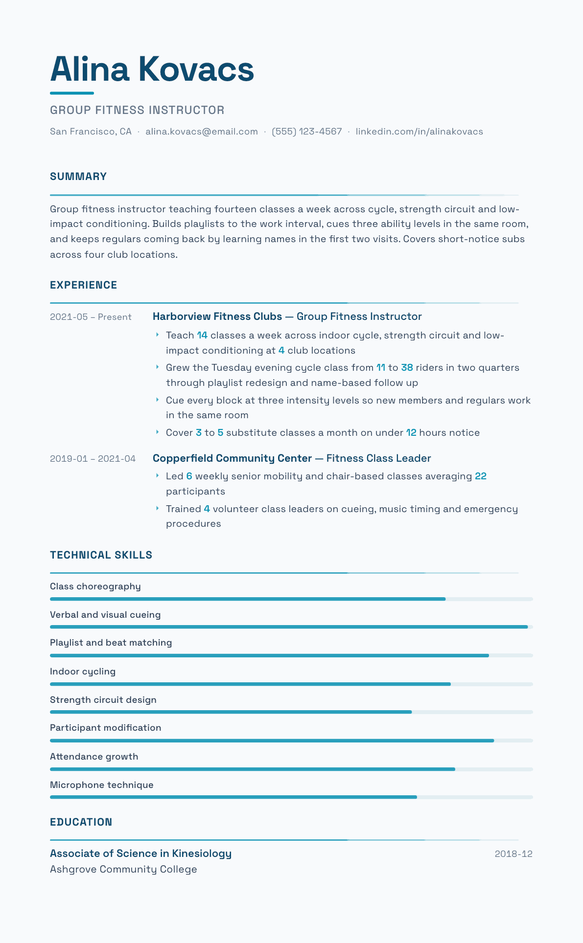 Group Fitness Instructor resume example, Velocity template