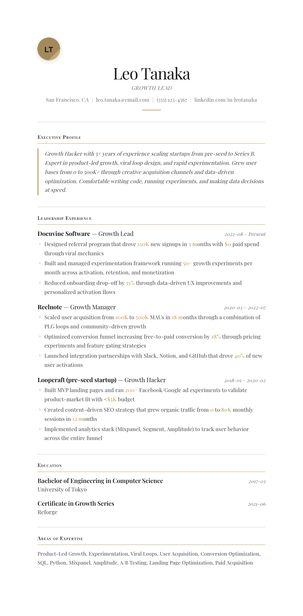 Growth Hacker resume example, Chancellor template