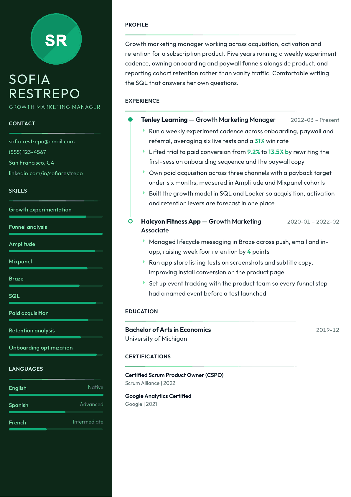 Growth Marketing Manager resume example, Meridian template