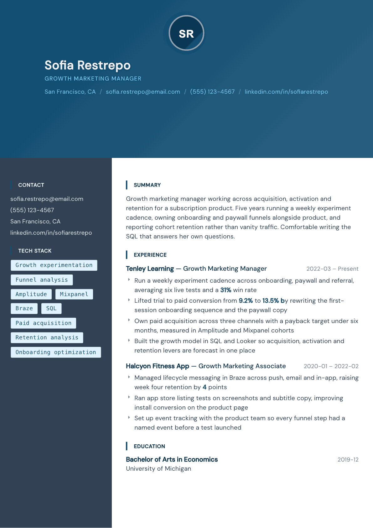 Growth Marketing Manager resume example, Prism template