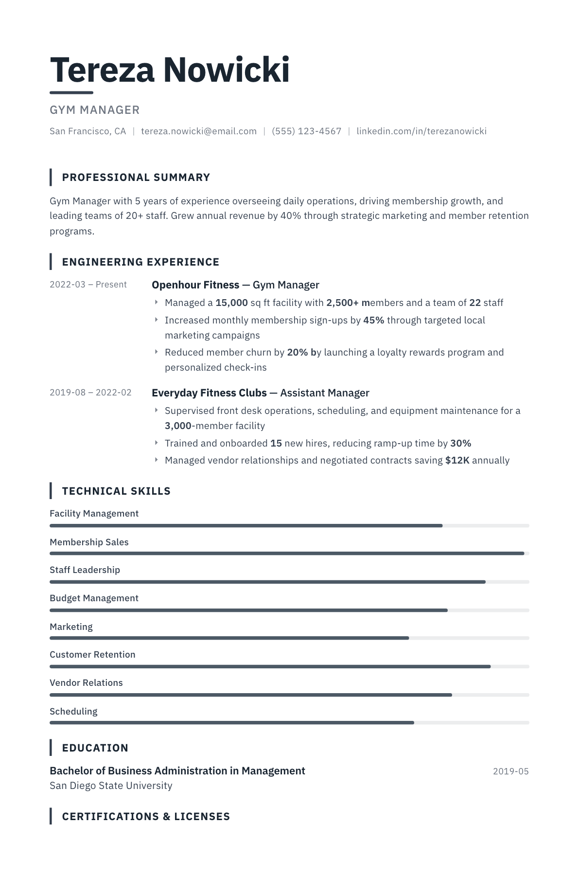 Gym Manager resume example, Blueprint template