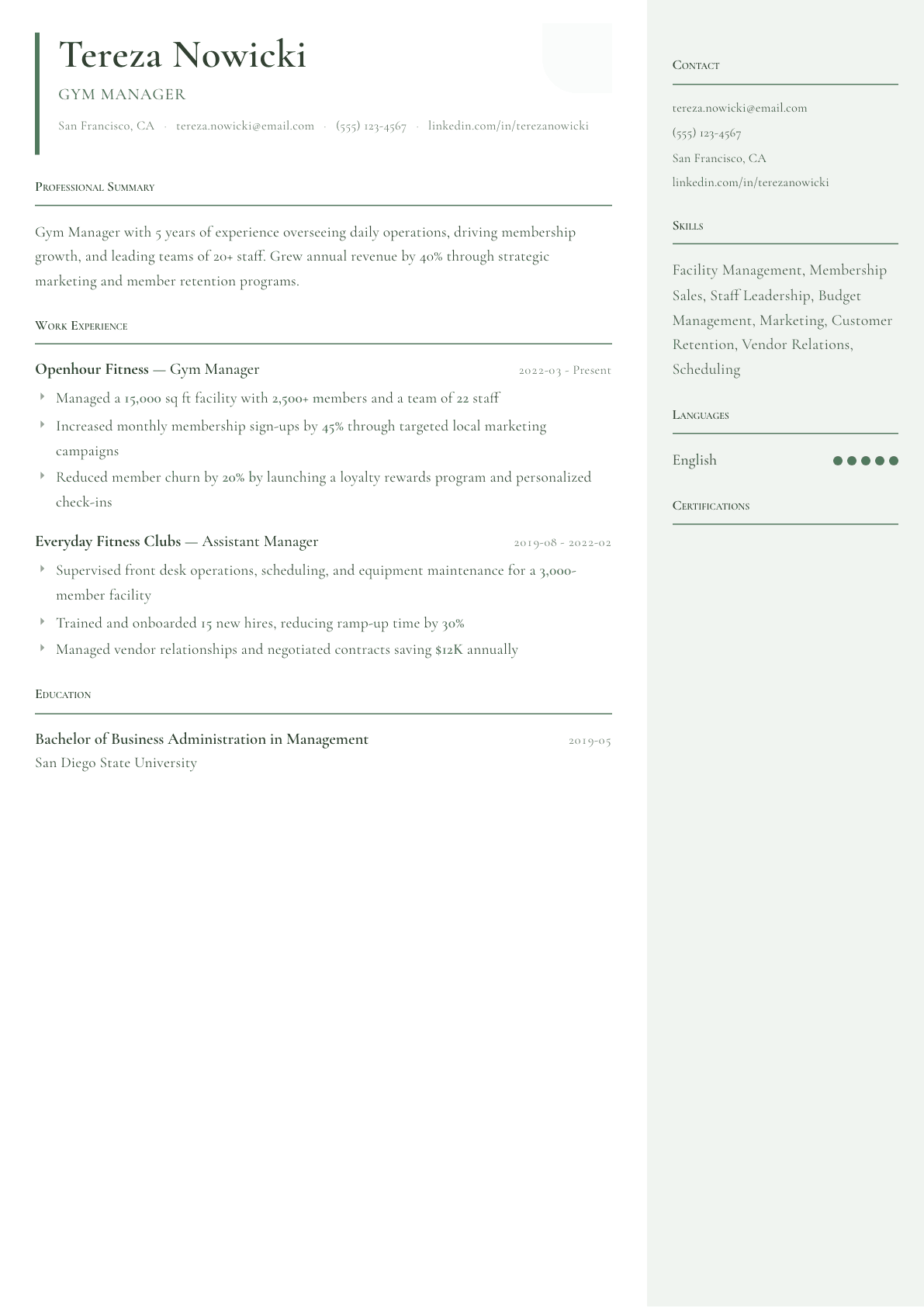 Gym Manager resume example, Copenhagen template