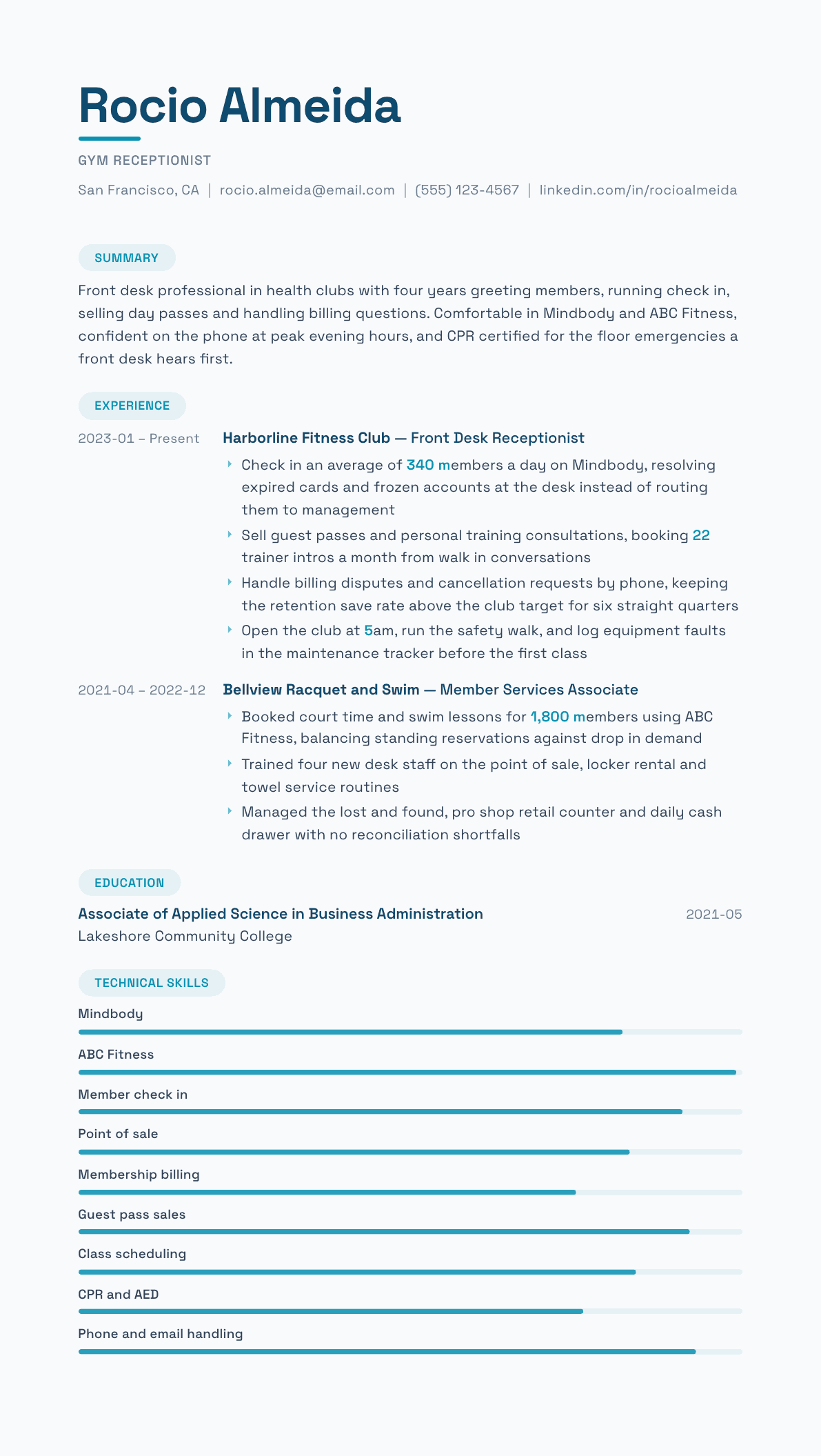 Gym Receptionist resume example, Horizon template