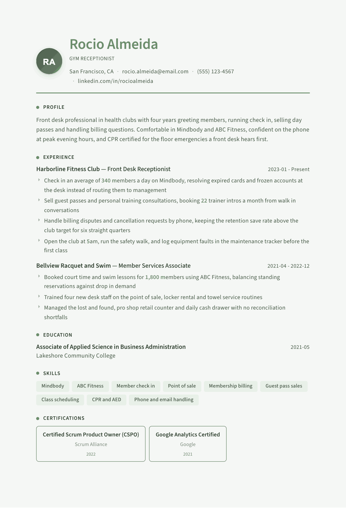 Gym Receptionist resume example, Sage Garden template