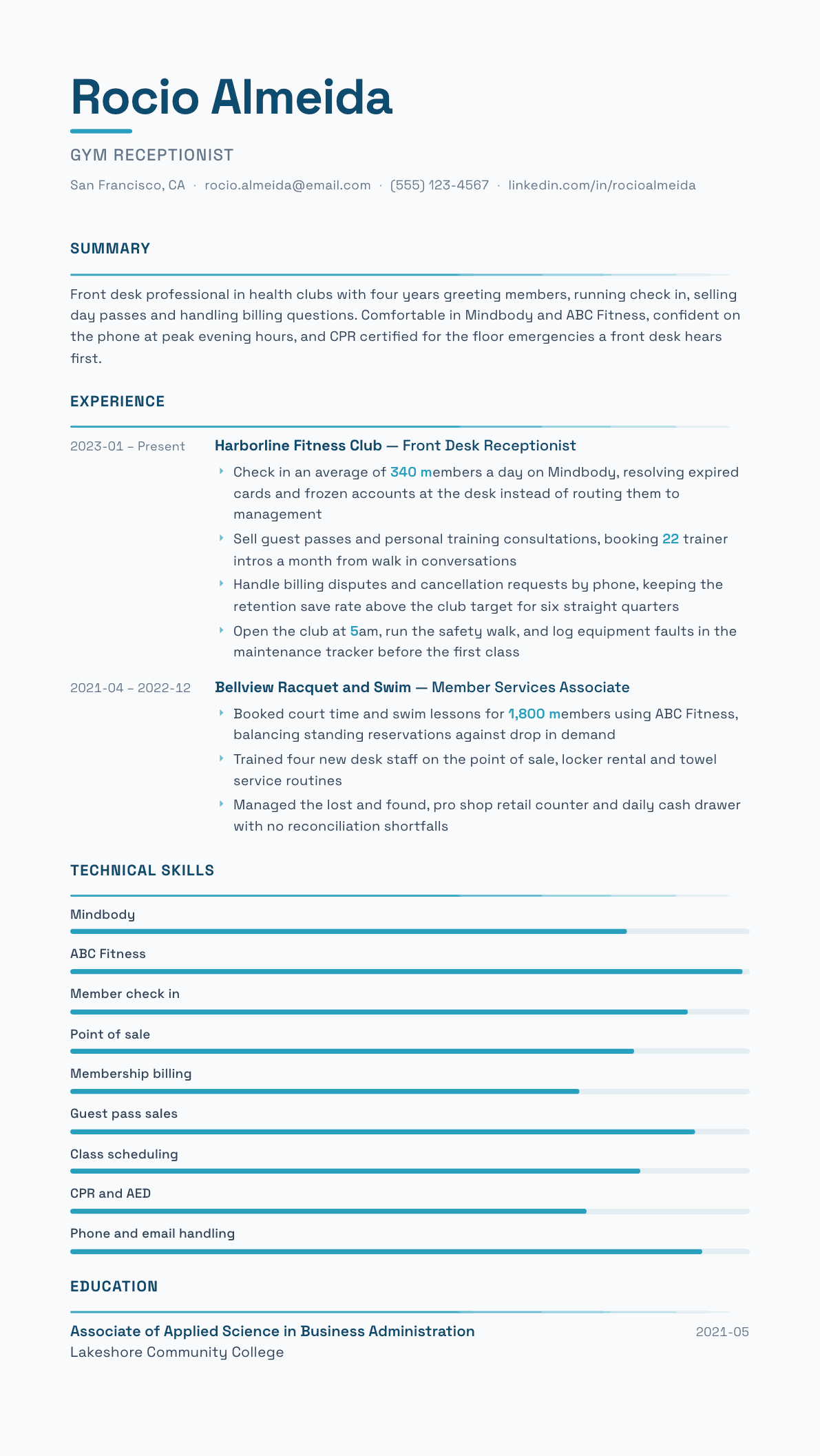 Gym Receptionist resume example, Velocity template