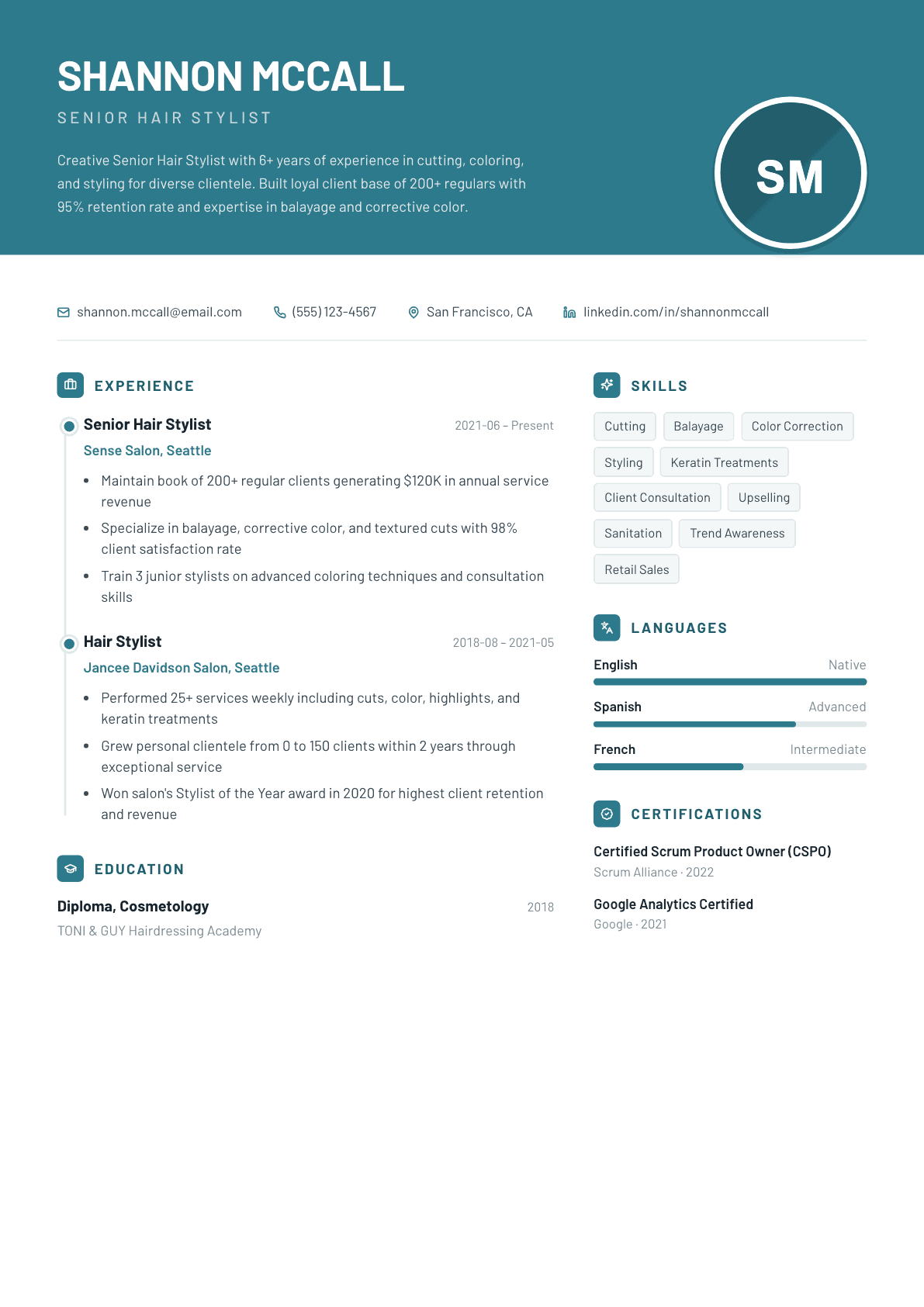 Hairstylist resume example, Harbor template
