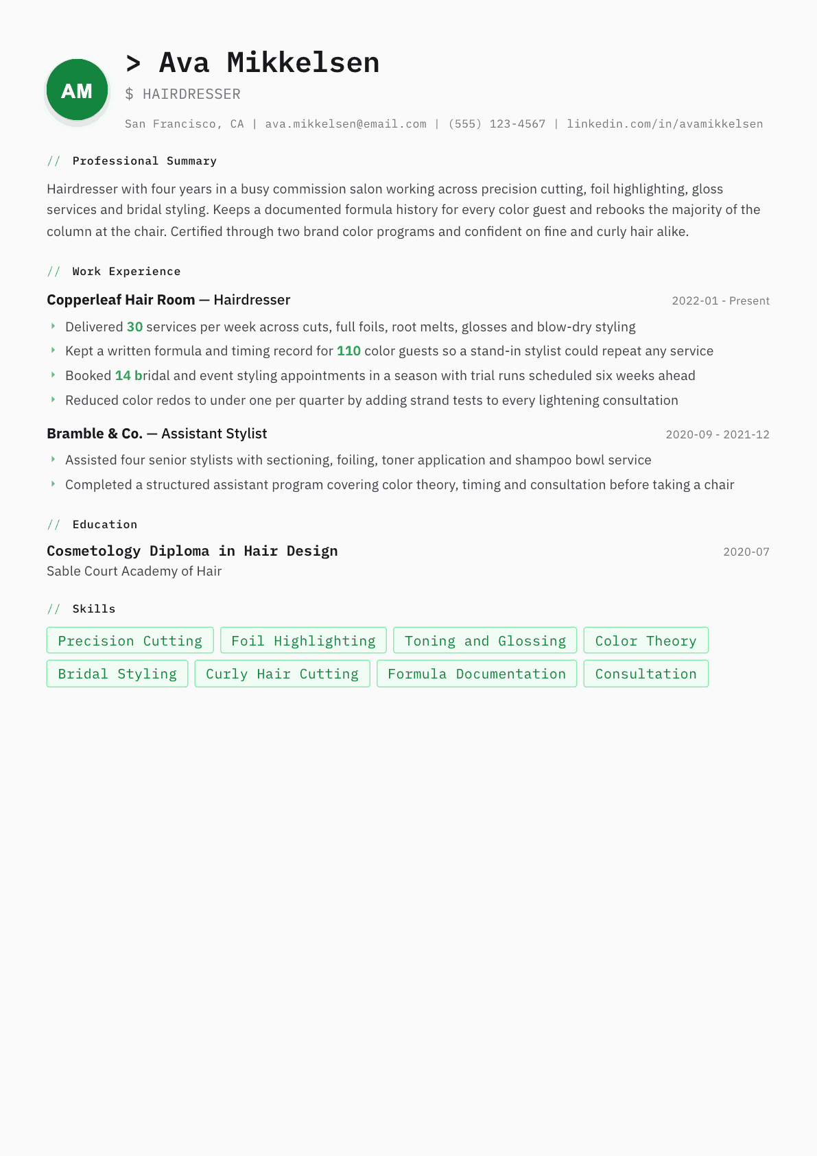 Hairdresser resume example, Amsterdam template