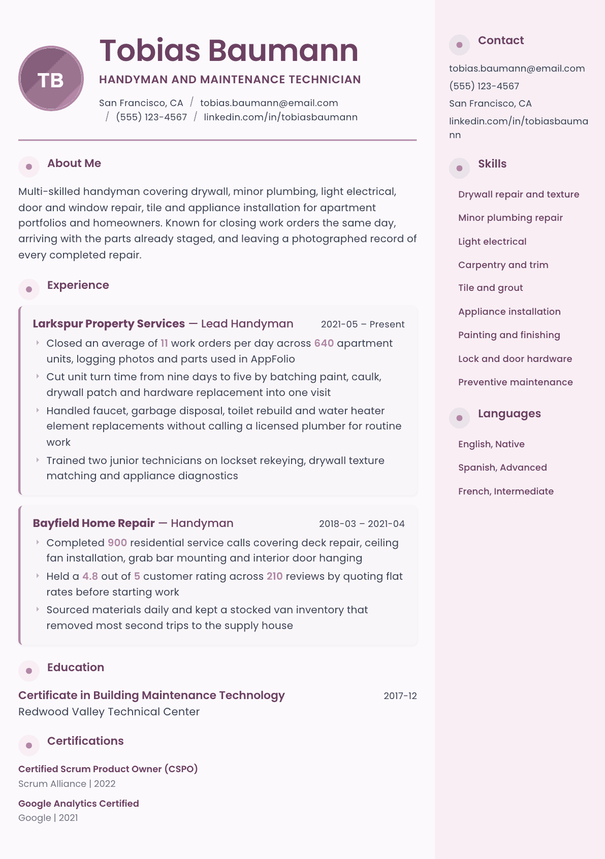 Handyman resume example, Bloom template