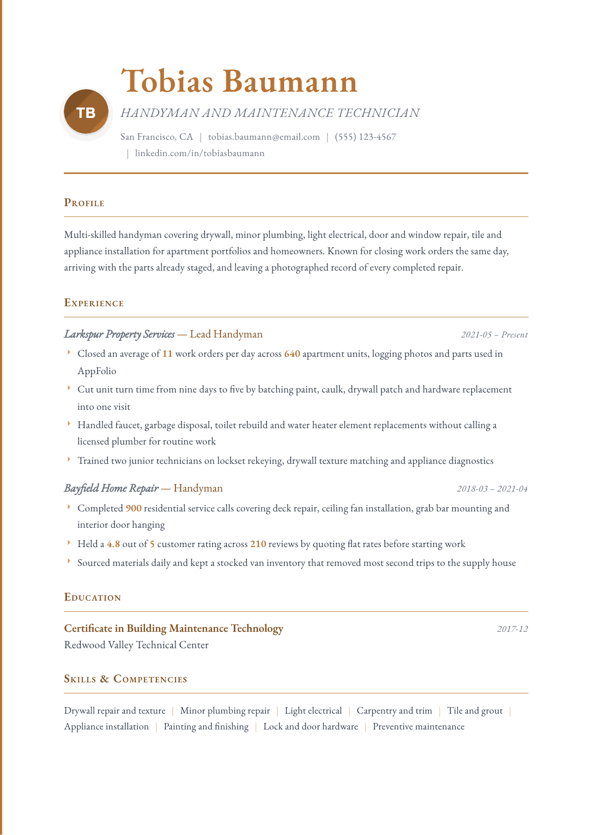 Handyman resume example, Timeless template