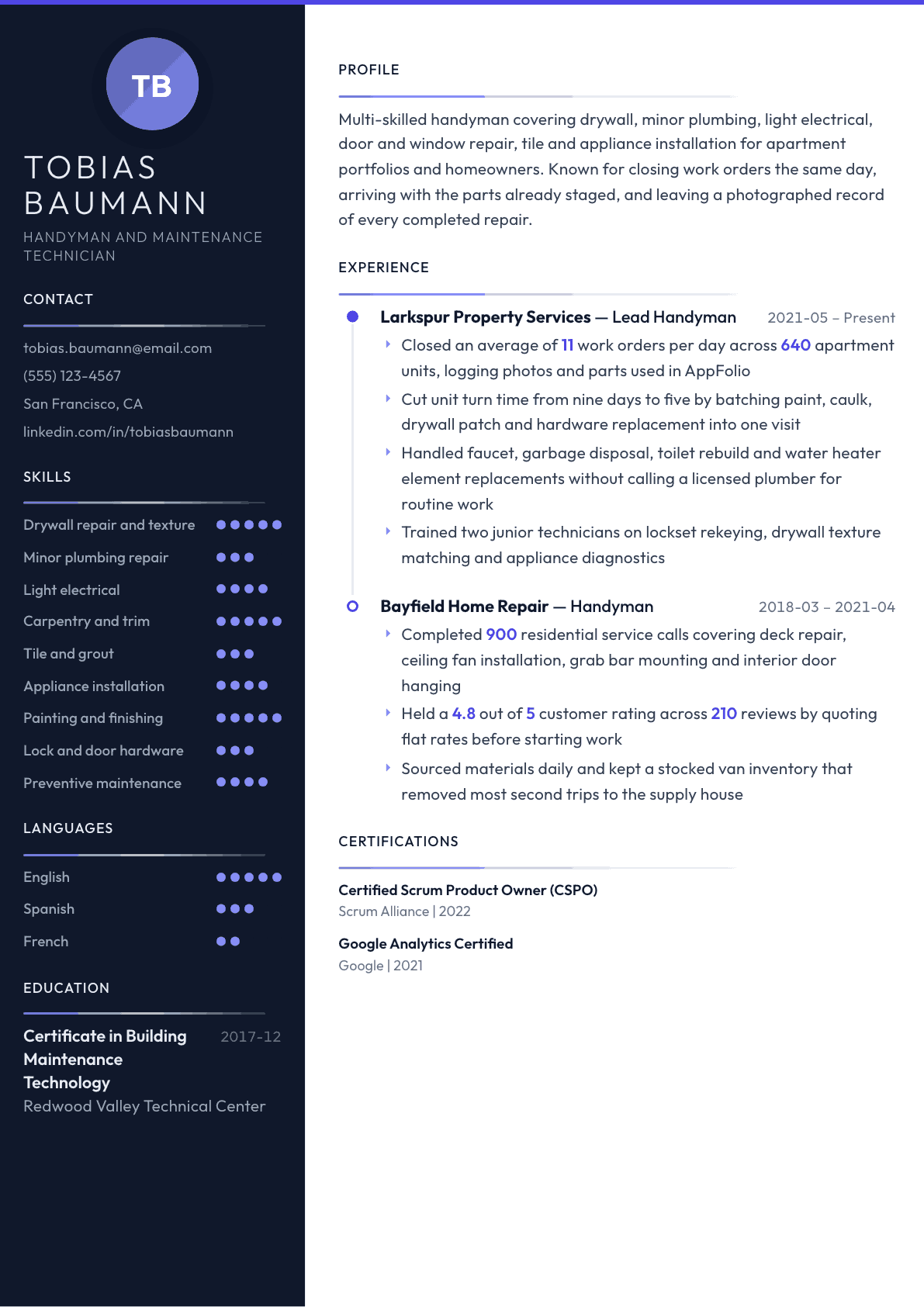 Handyman resume example, Zenith template