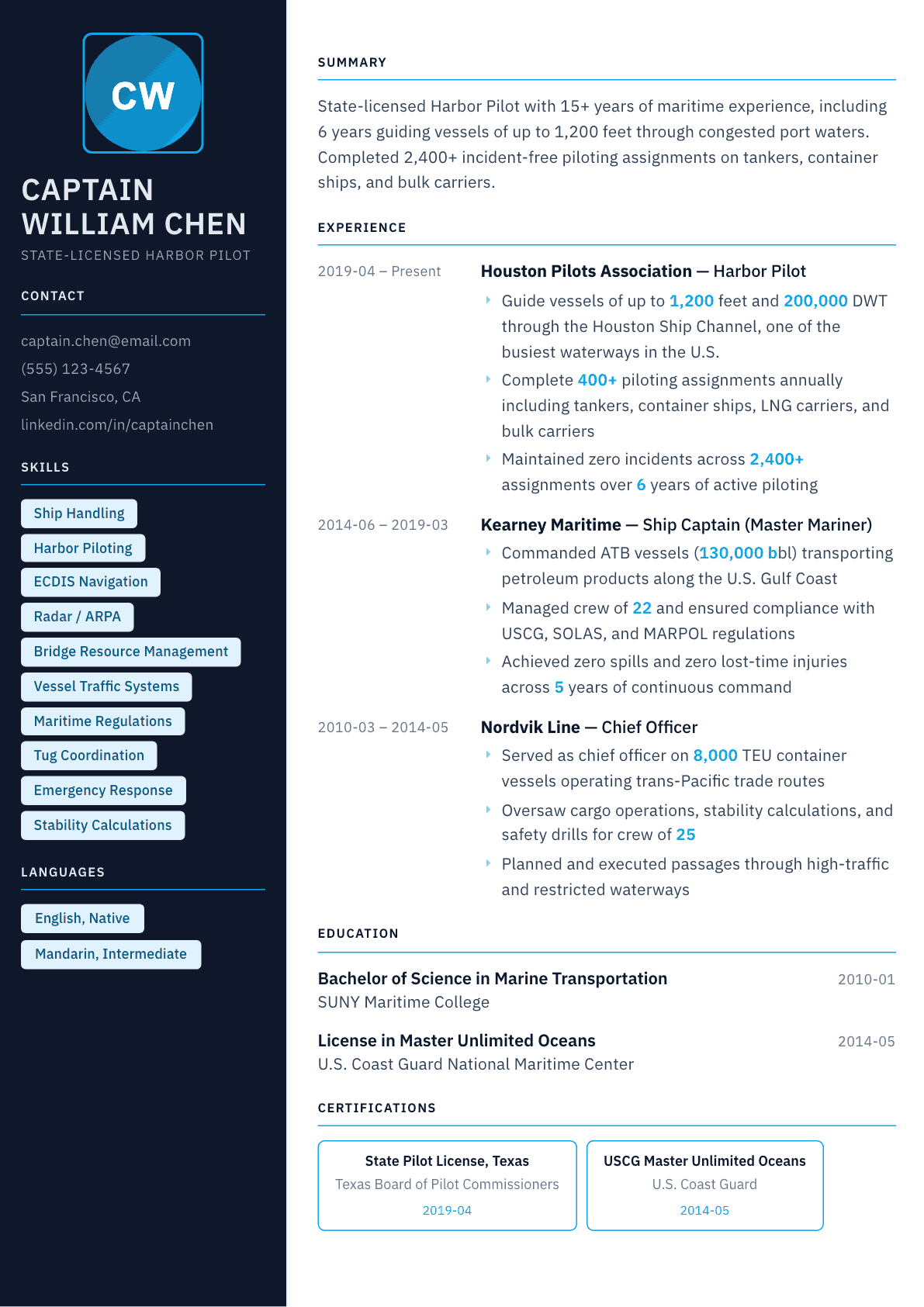 Harbor Pilot resume example, Everest template