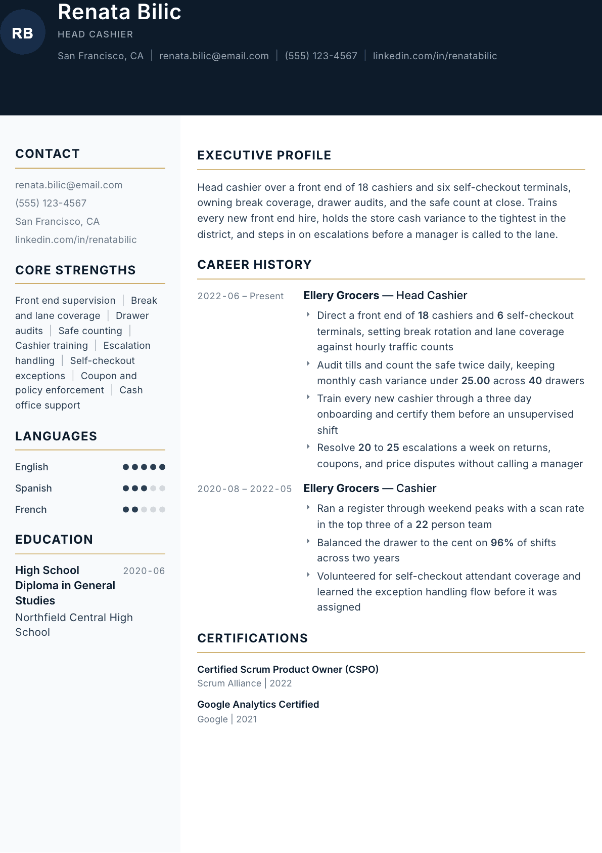 Head Cashier resume example, Consulate template