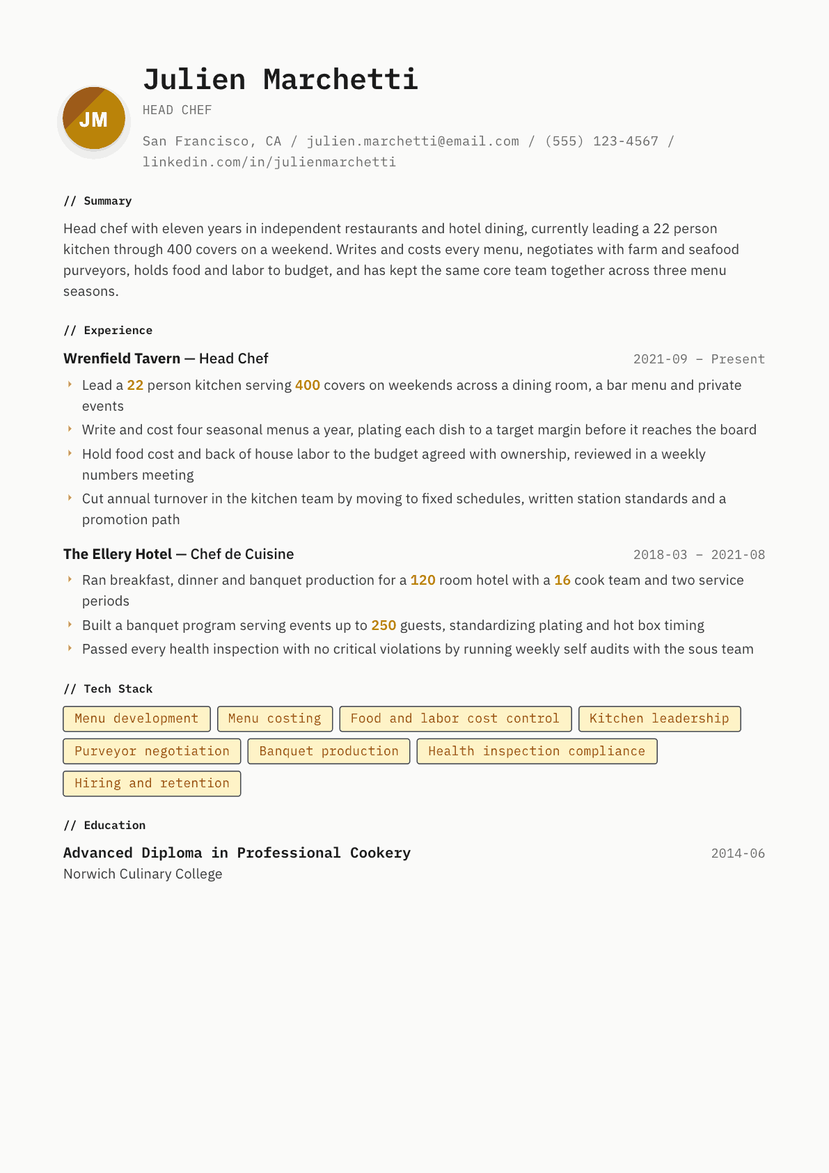 Head Chef resume example, Inkwell template