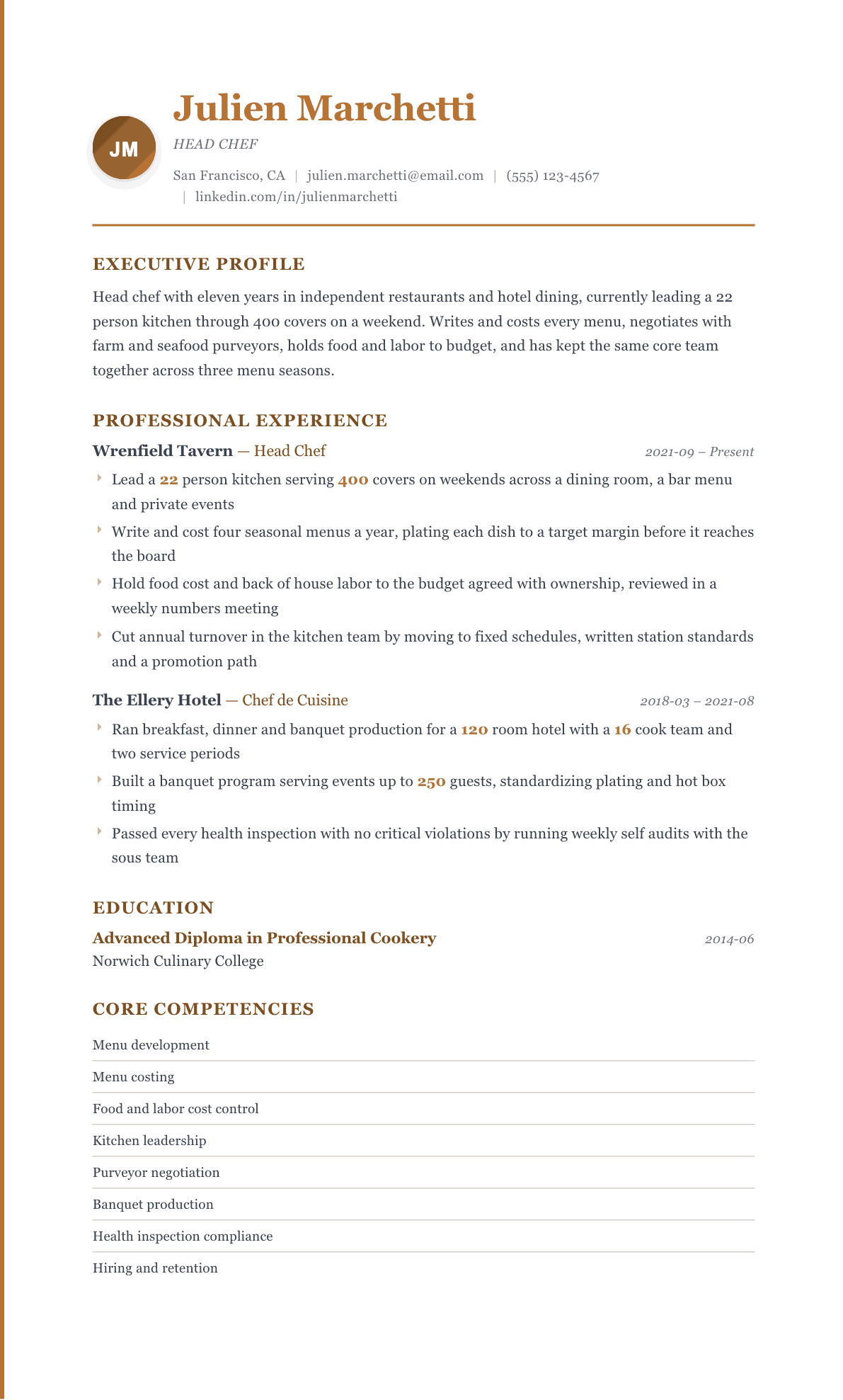 Head Chef resume example, Regency template