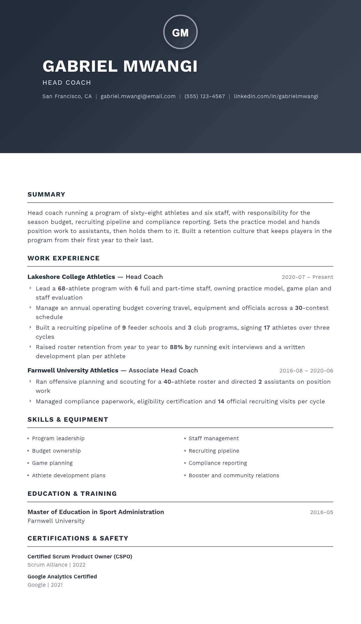 Head Coach resume example, Foundation template