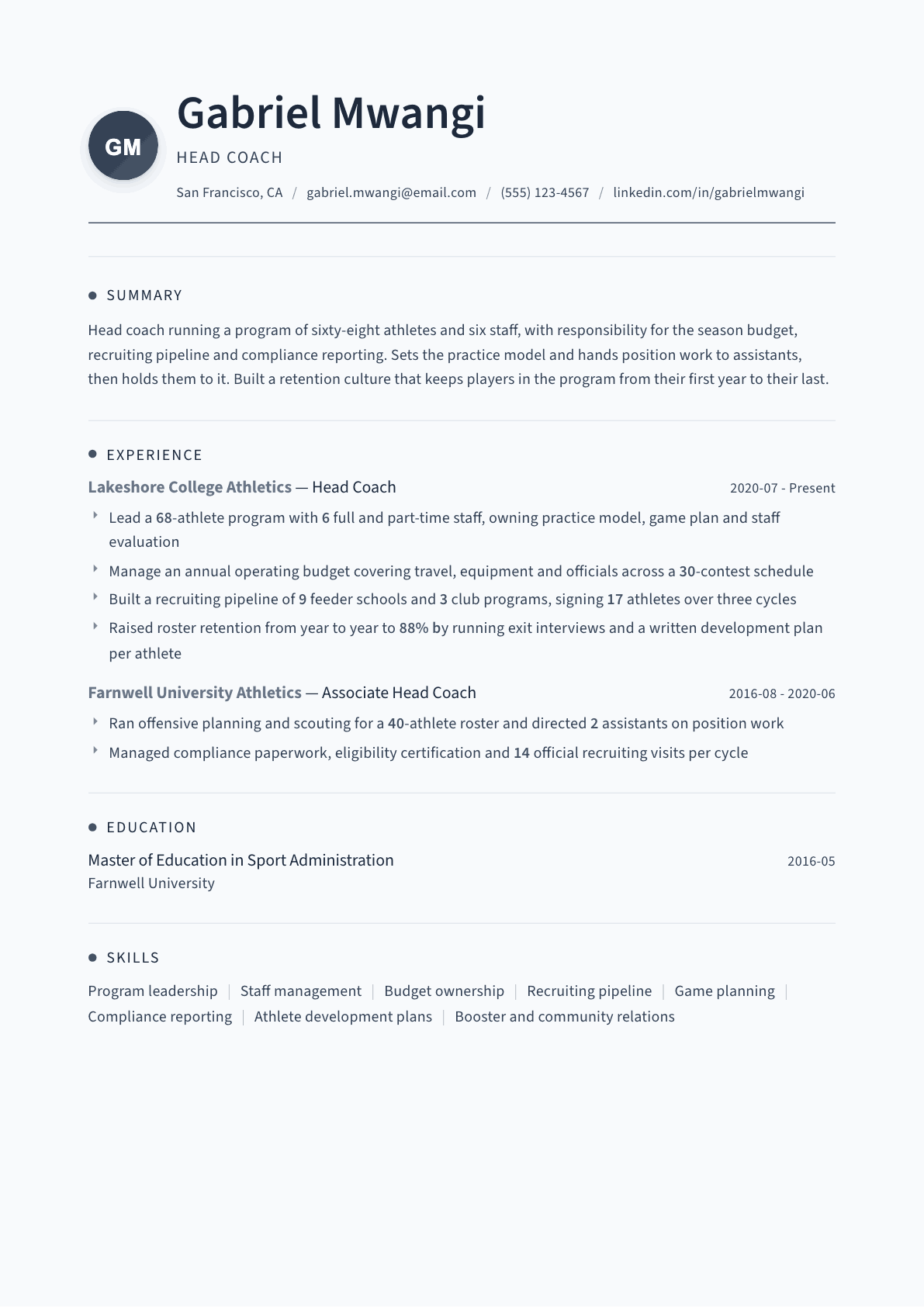 Head Coach resume example, Thread template