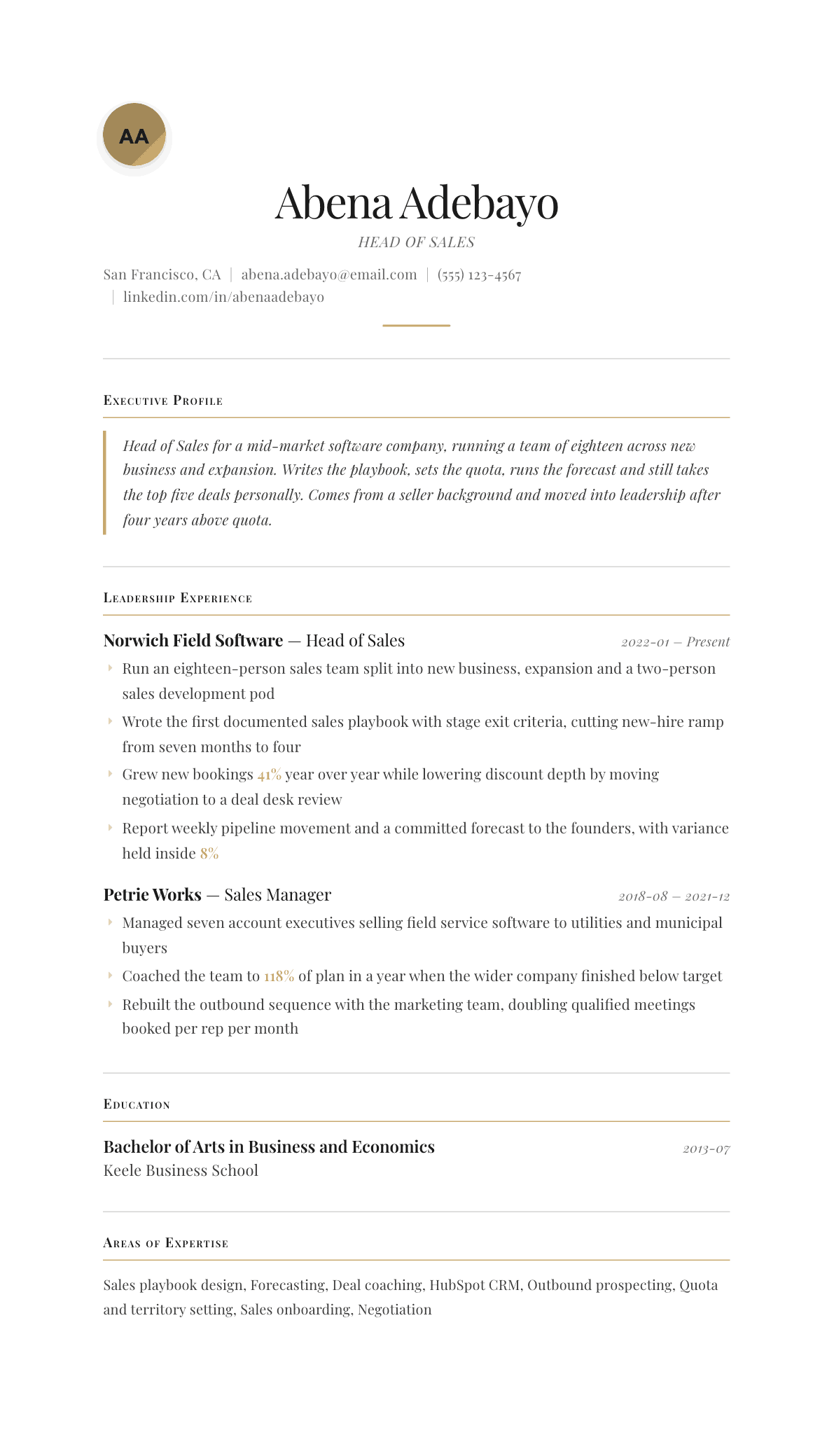 Head of Sales resume example, Chancellor template