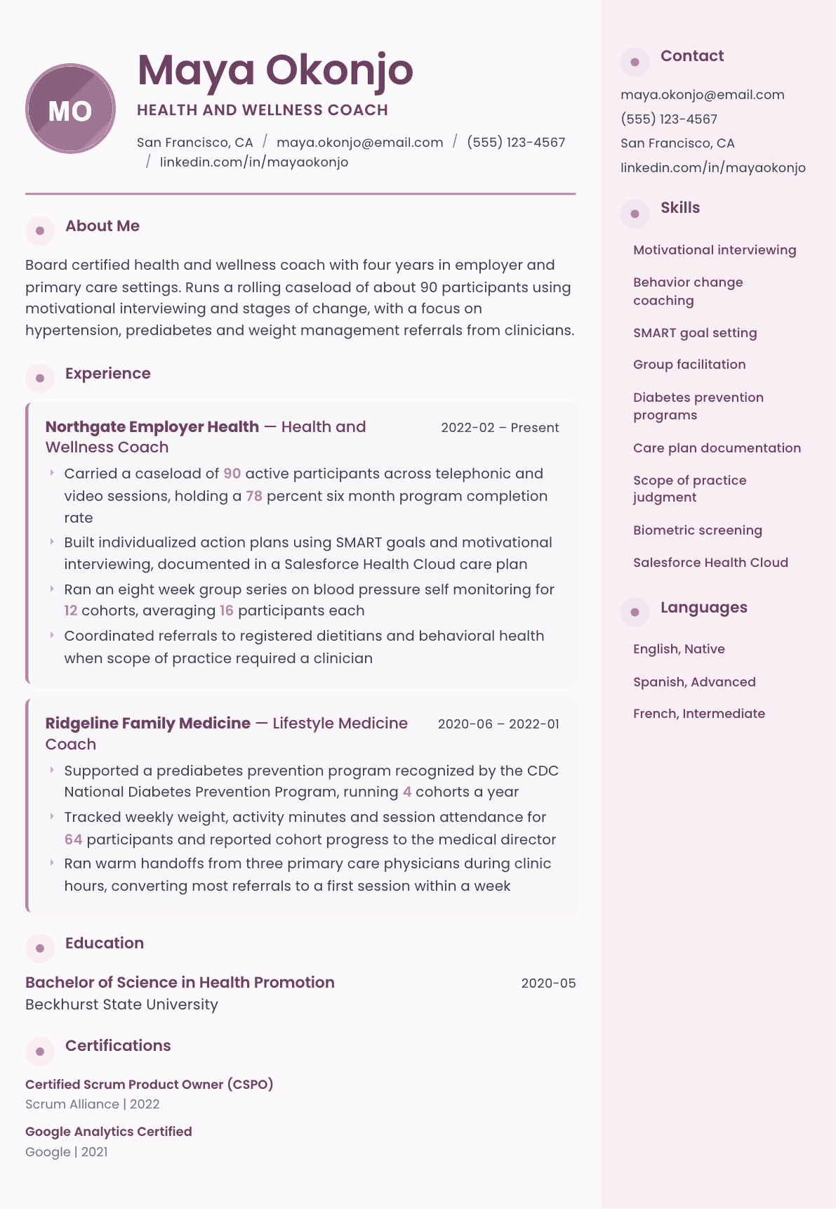 Health Coach resume example, Bloom template