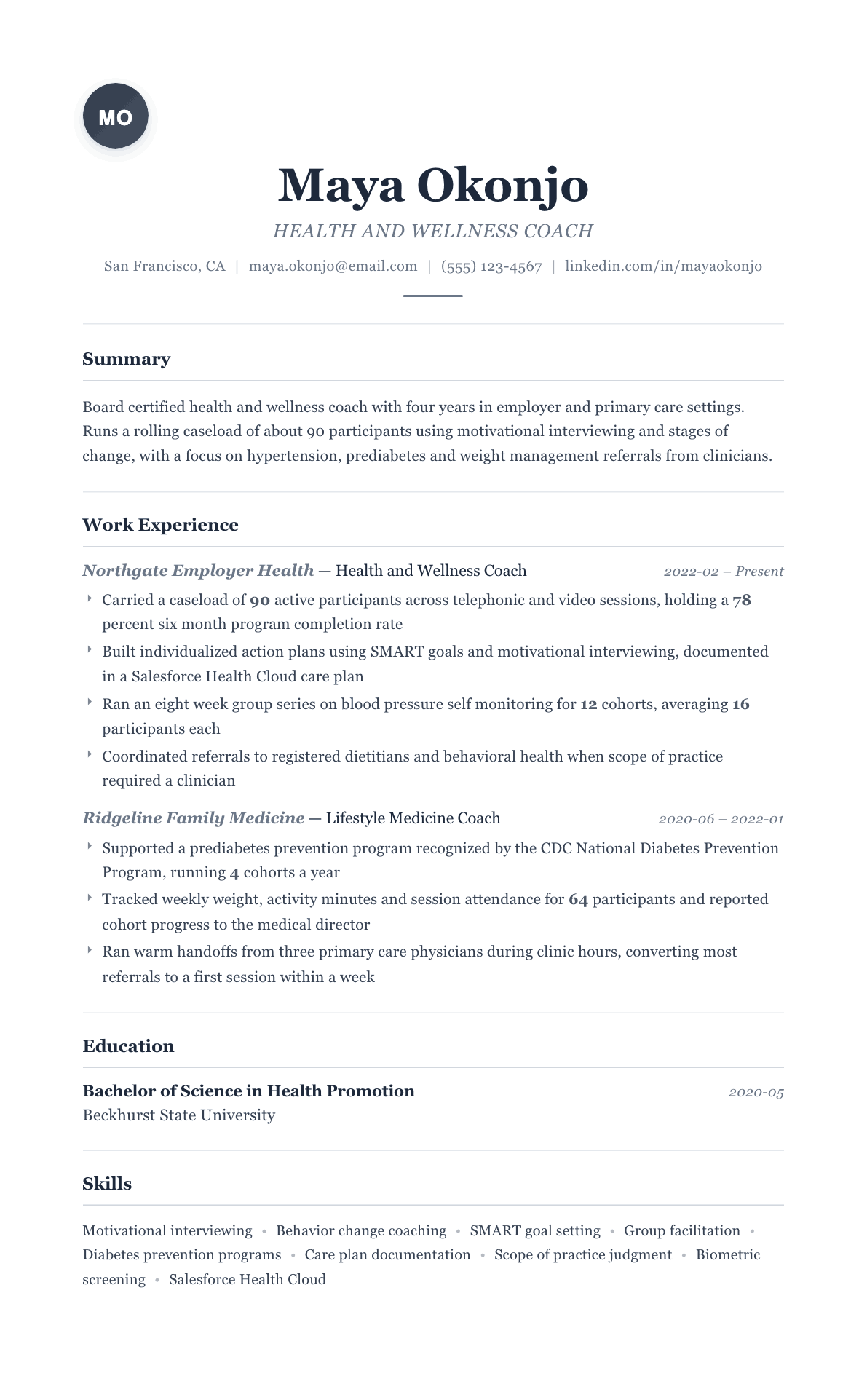 Health Coach resume example, Classic template