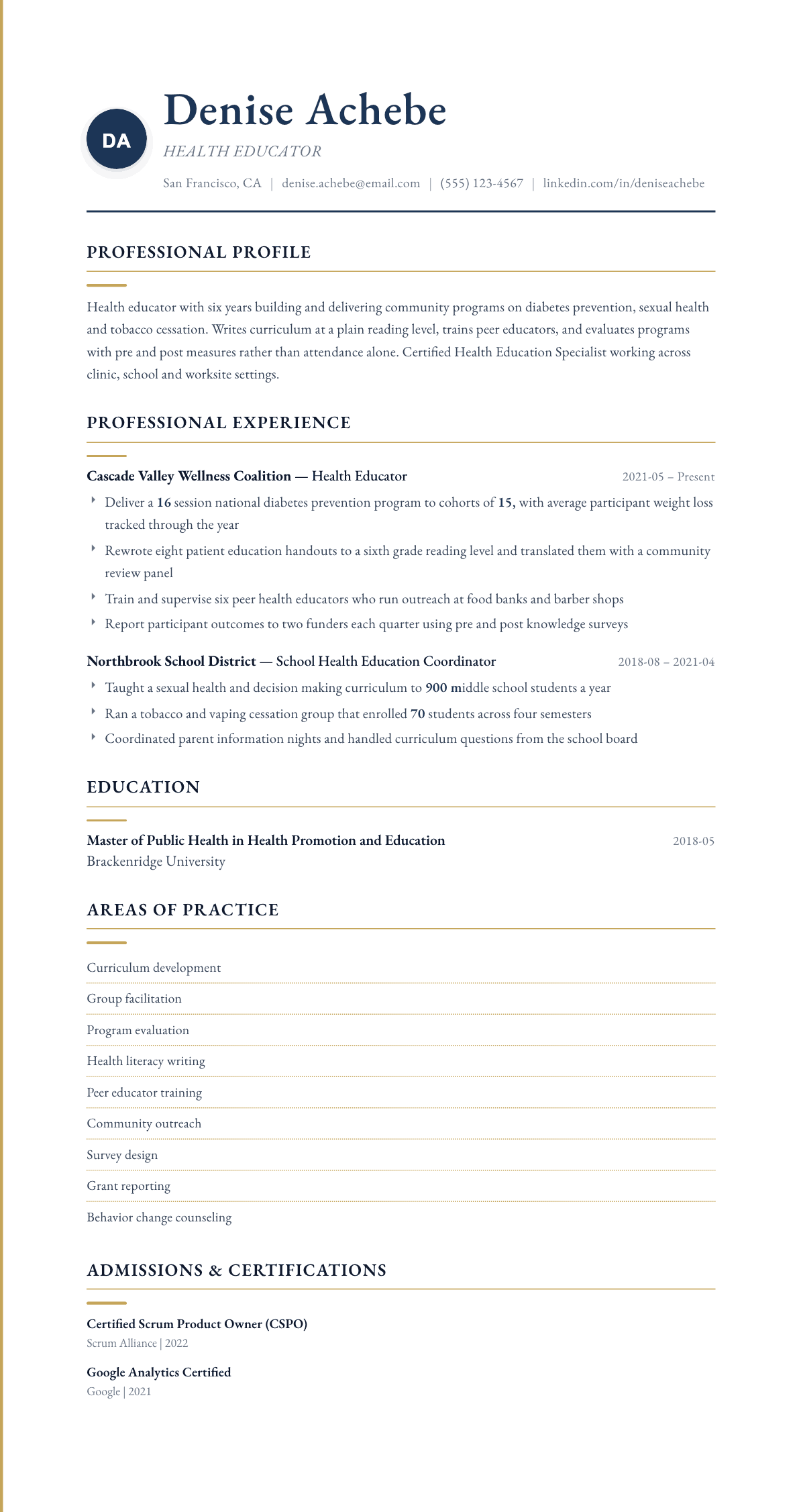 Health Educator resume example, Folio template
