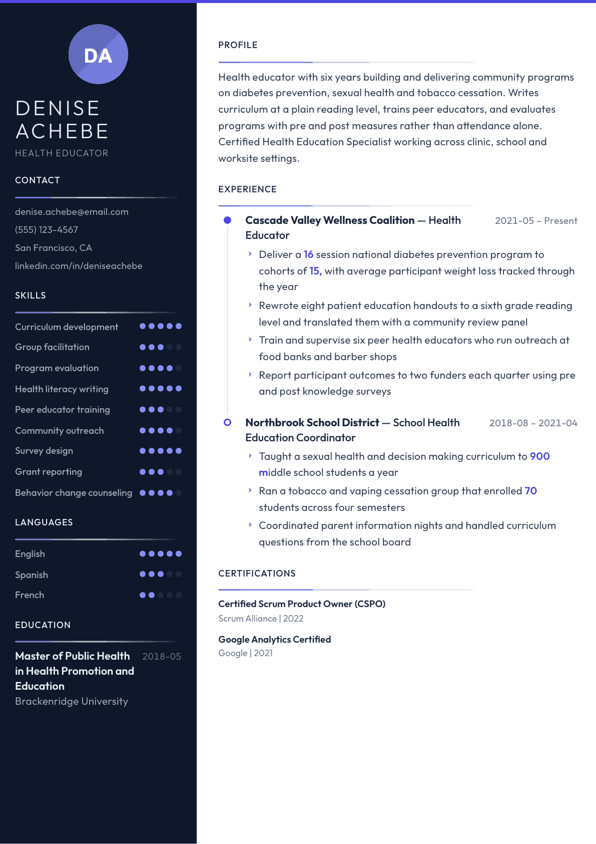 Health Educator resume example, Zenith template