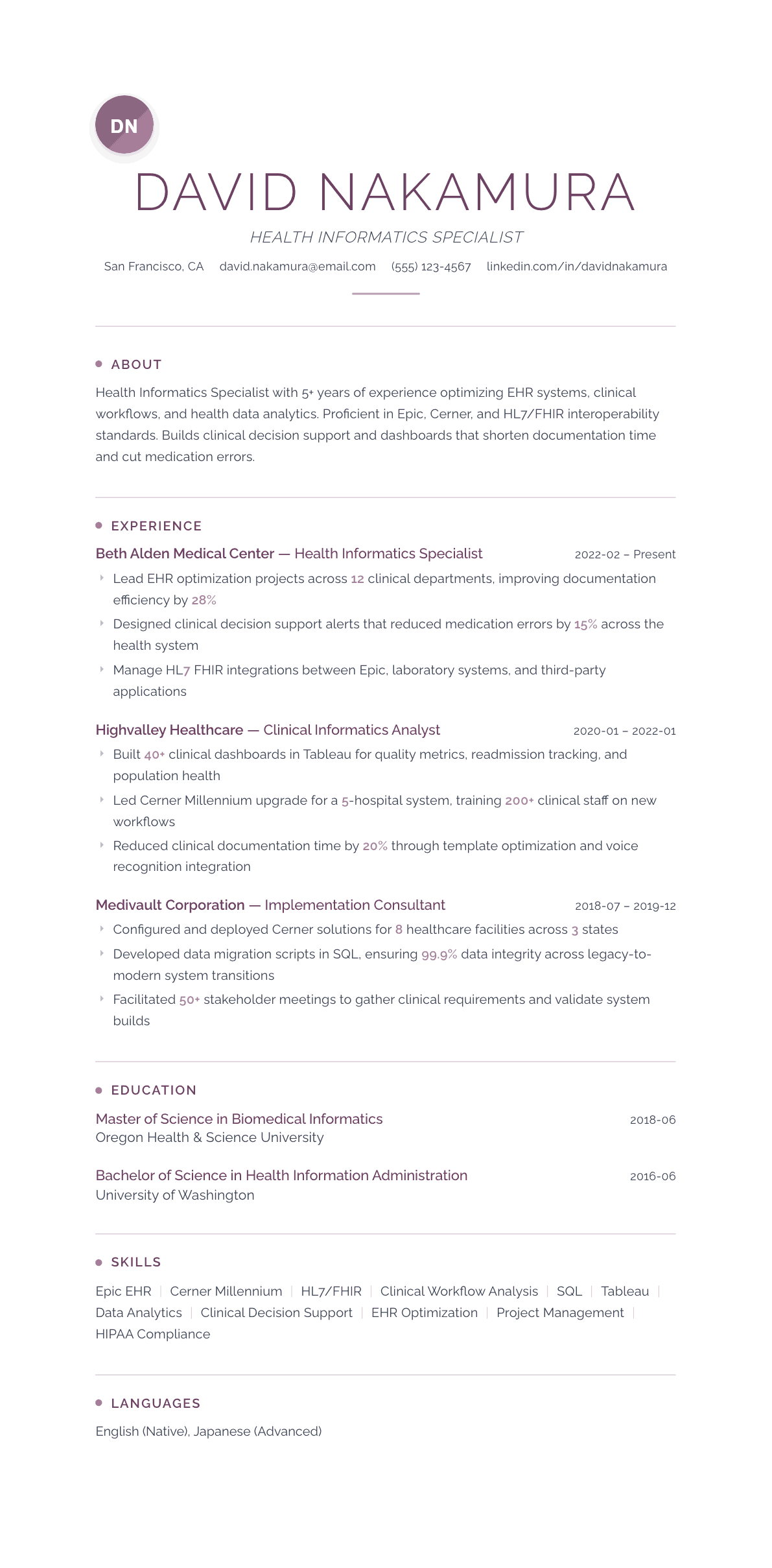Health Informatics Specialist resume example, Serenity template