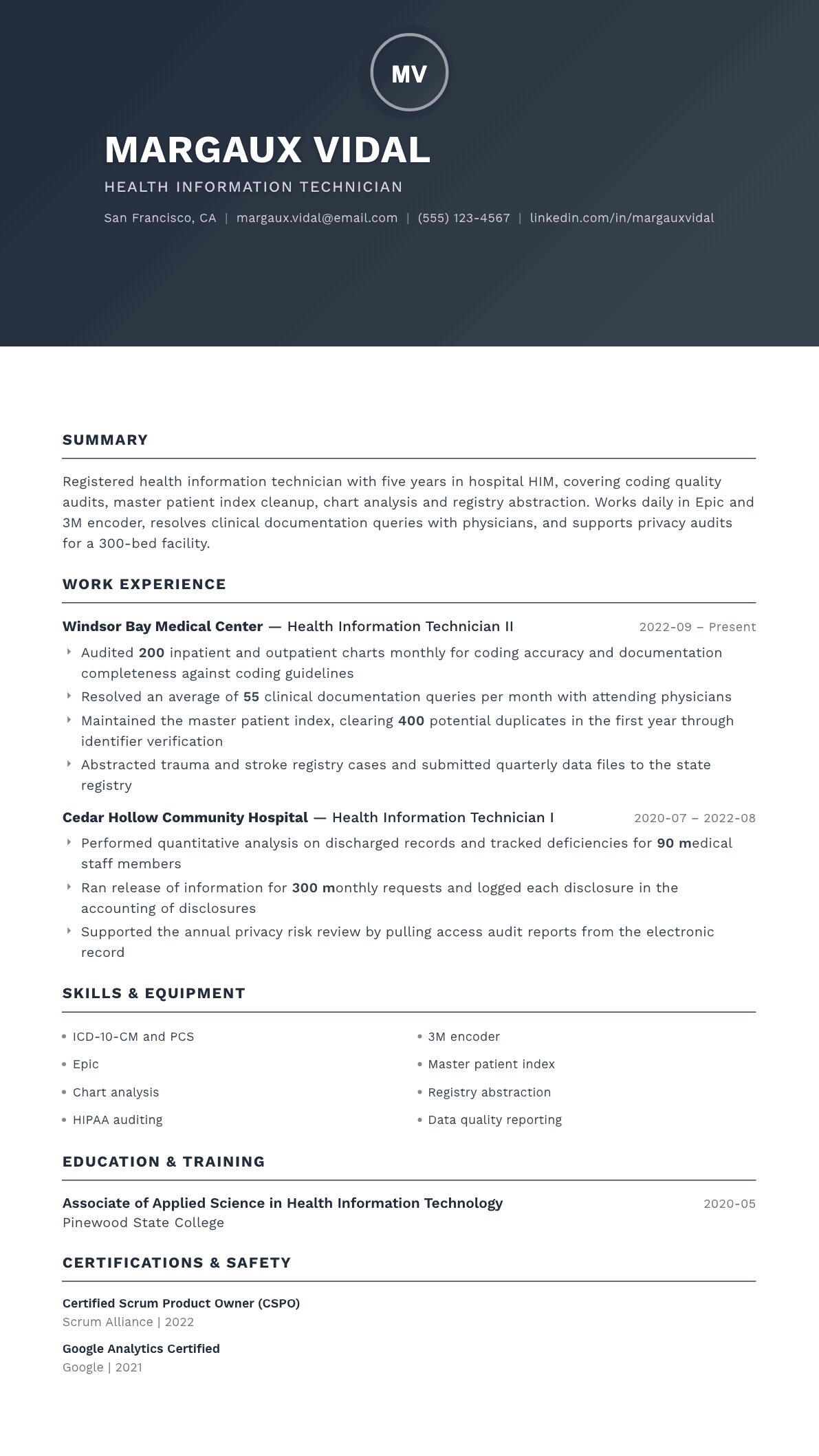 Health Information Technician resume example, Foundation template