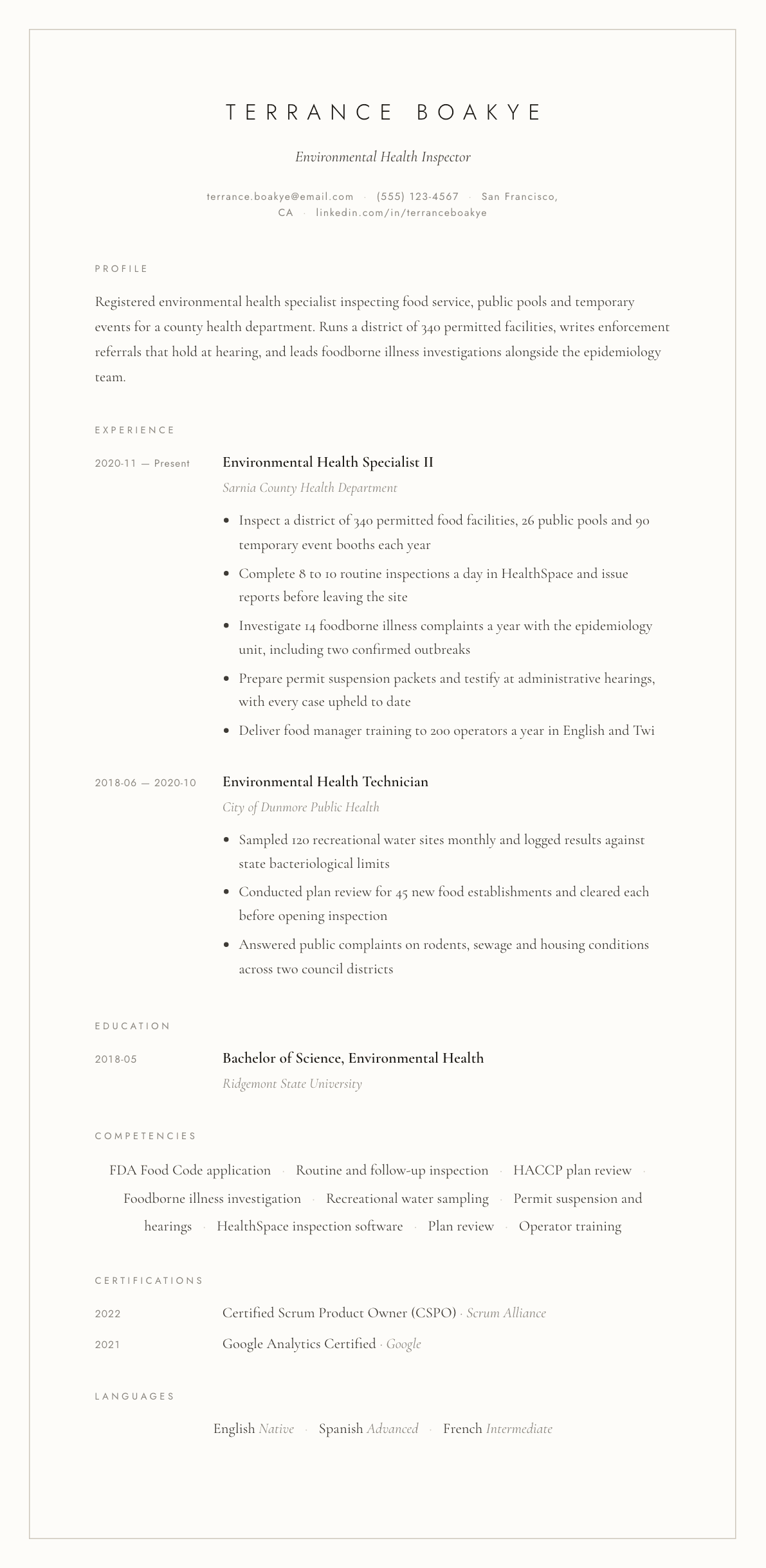Health Inspector resume example, Vellum template