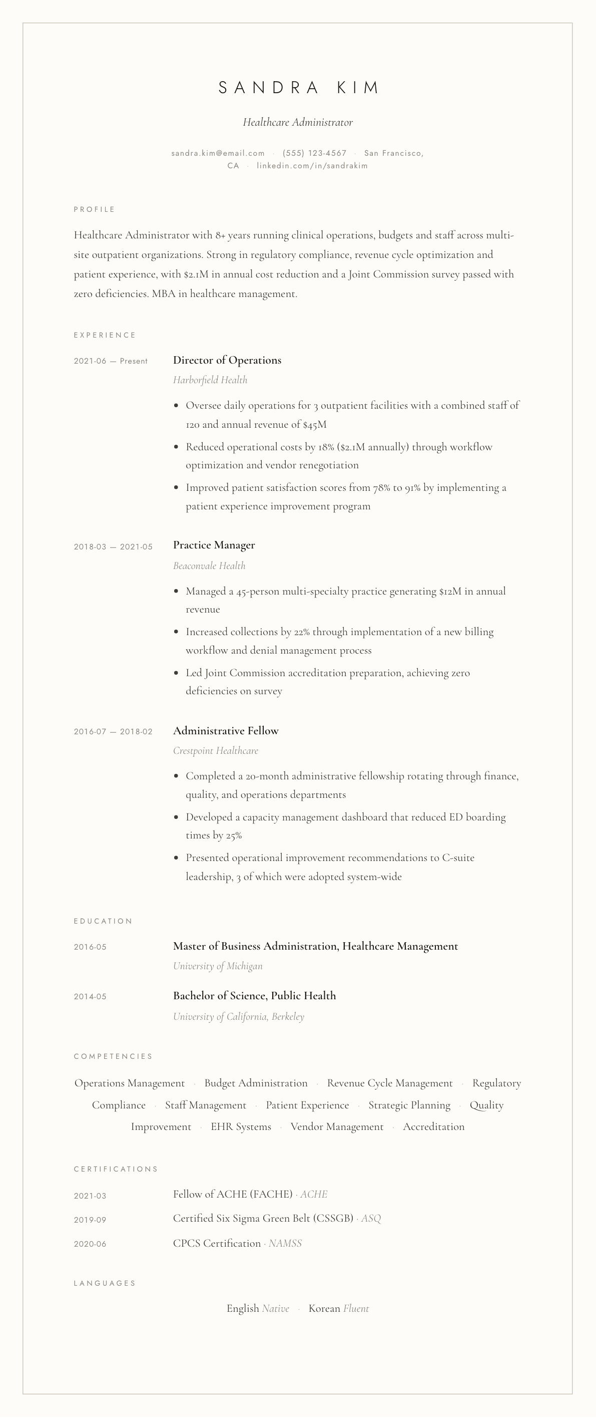 Healthcare Administrator resume example, Vellum template
