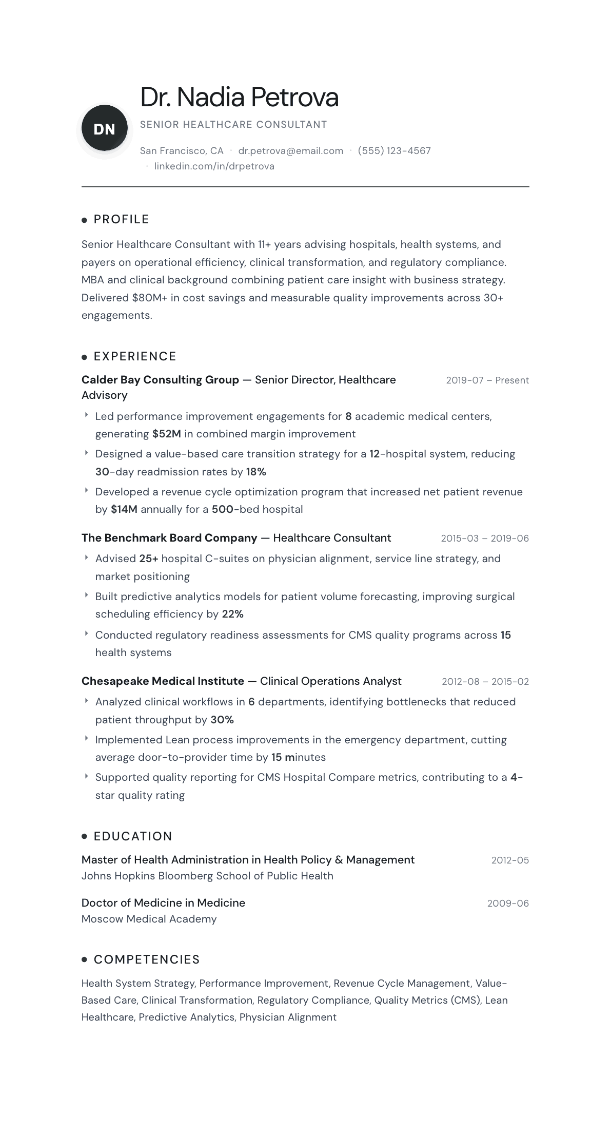 Healthcare Consultant resume example, Pinnacle template
