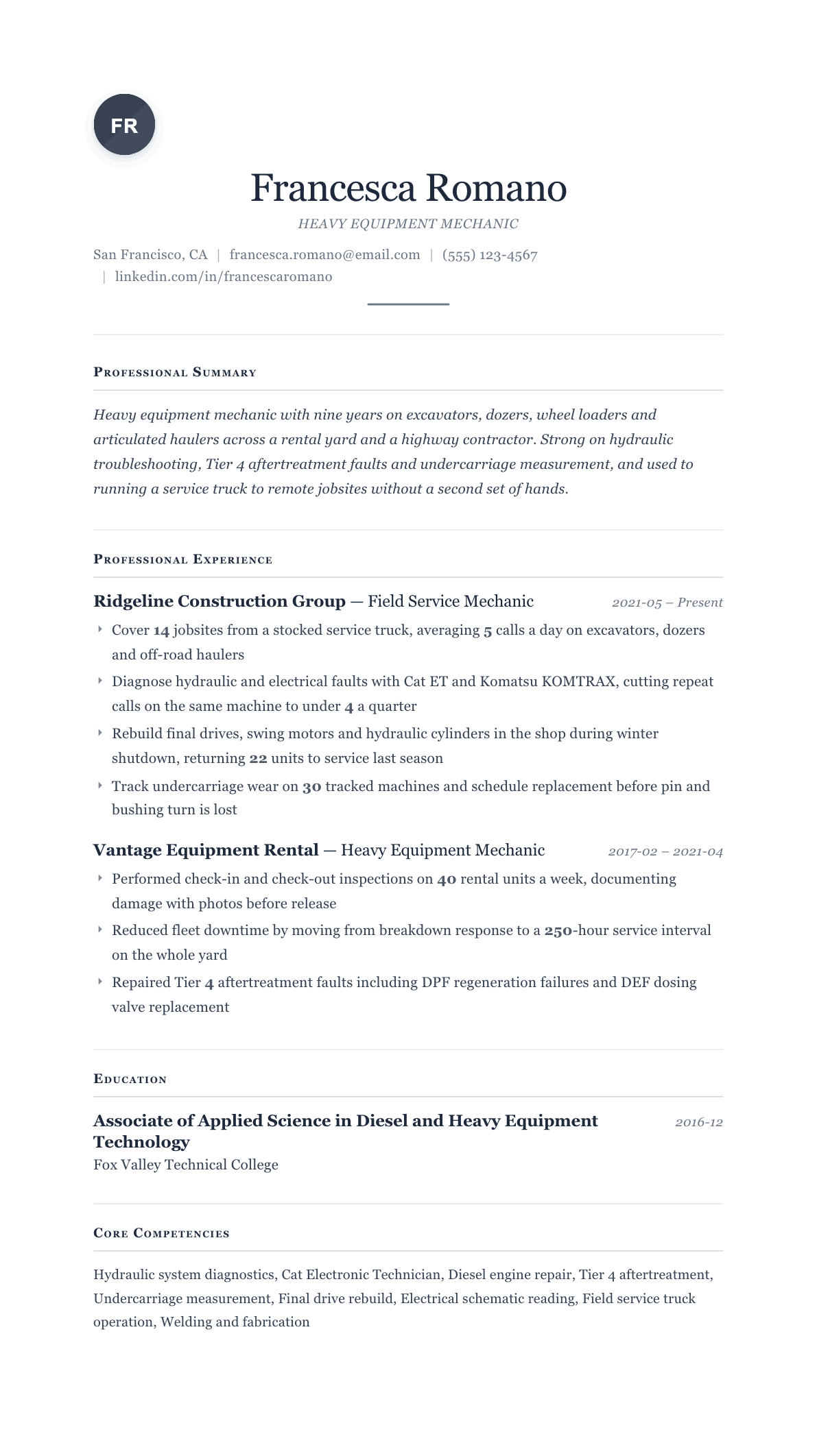 Heavy Equipment Mechanic resume example, Cornerstone template
