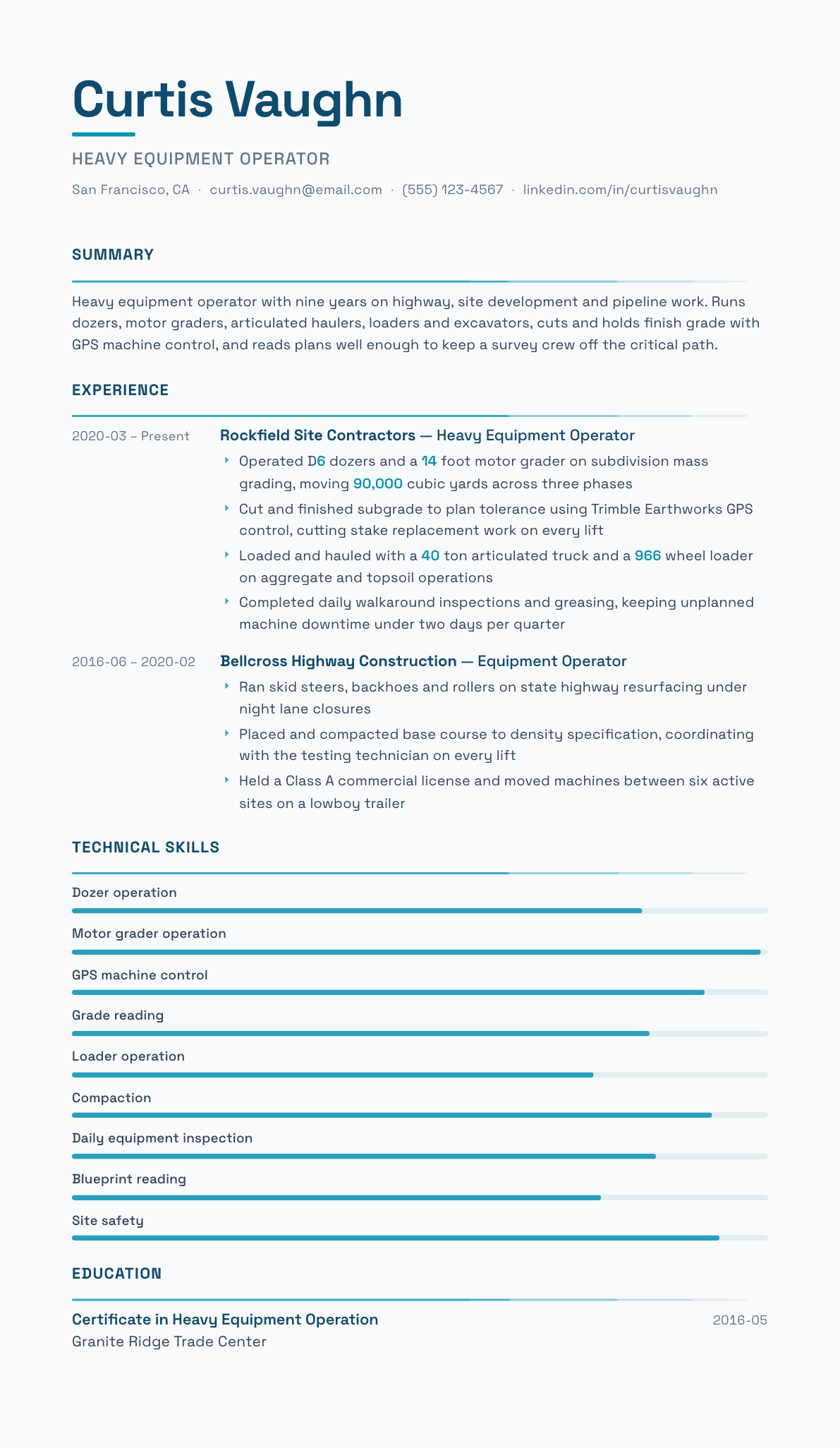 Heavy Equipment Operator resume example, Velocity template