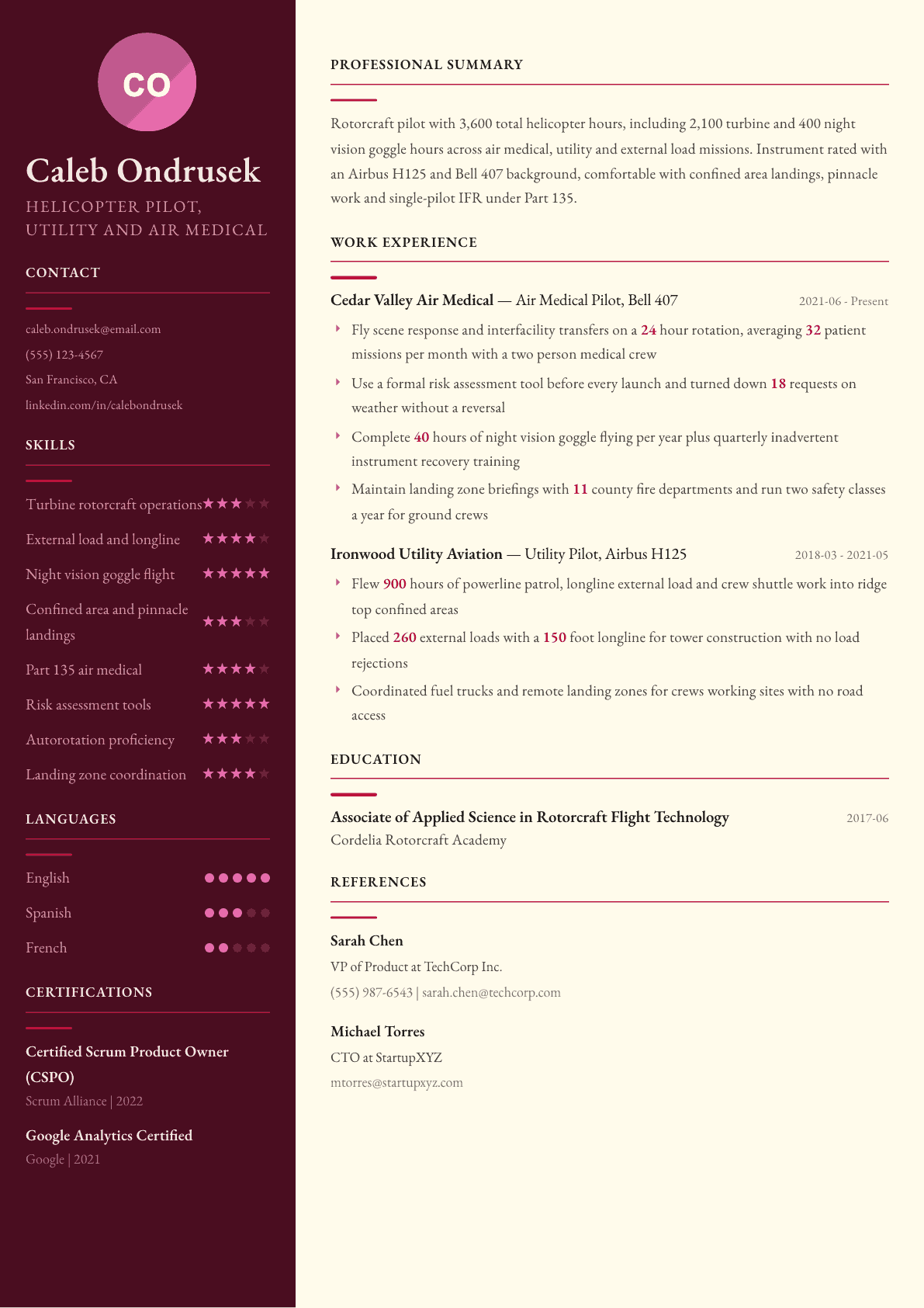 Helicopter Pilot resume example, Dubai template