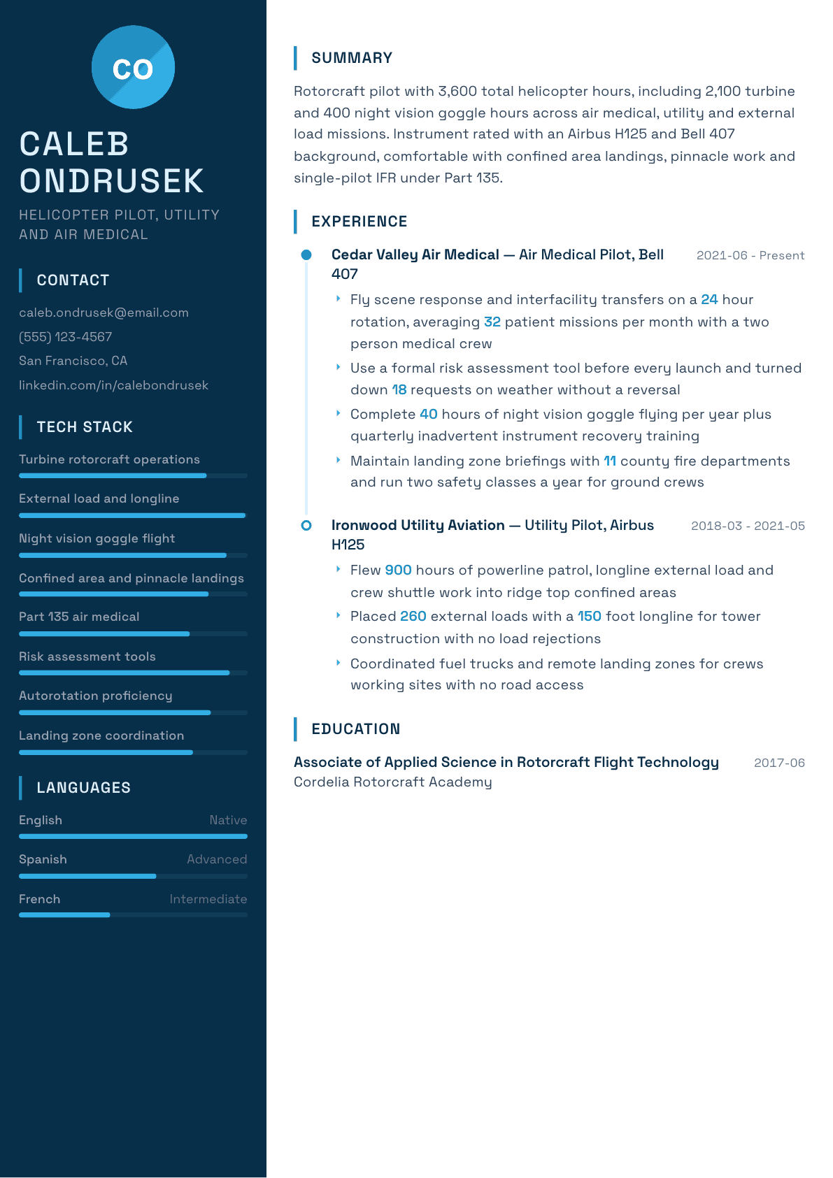 Helicopter Pilot resume example, Circuit template